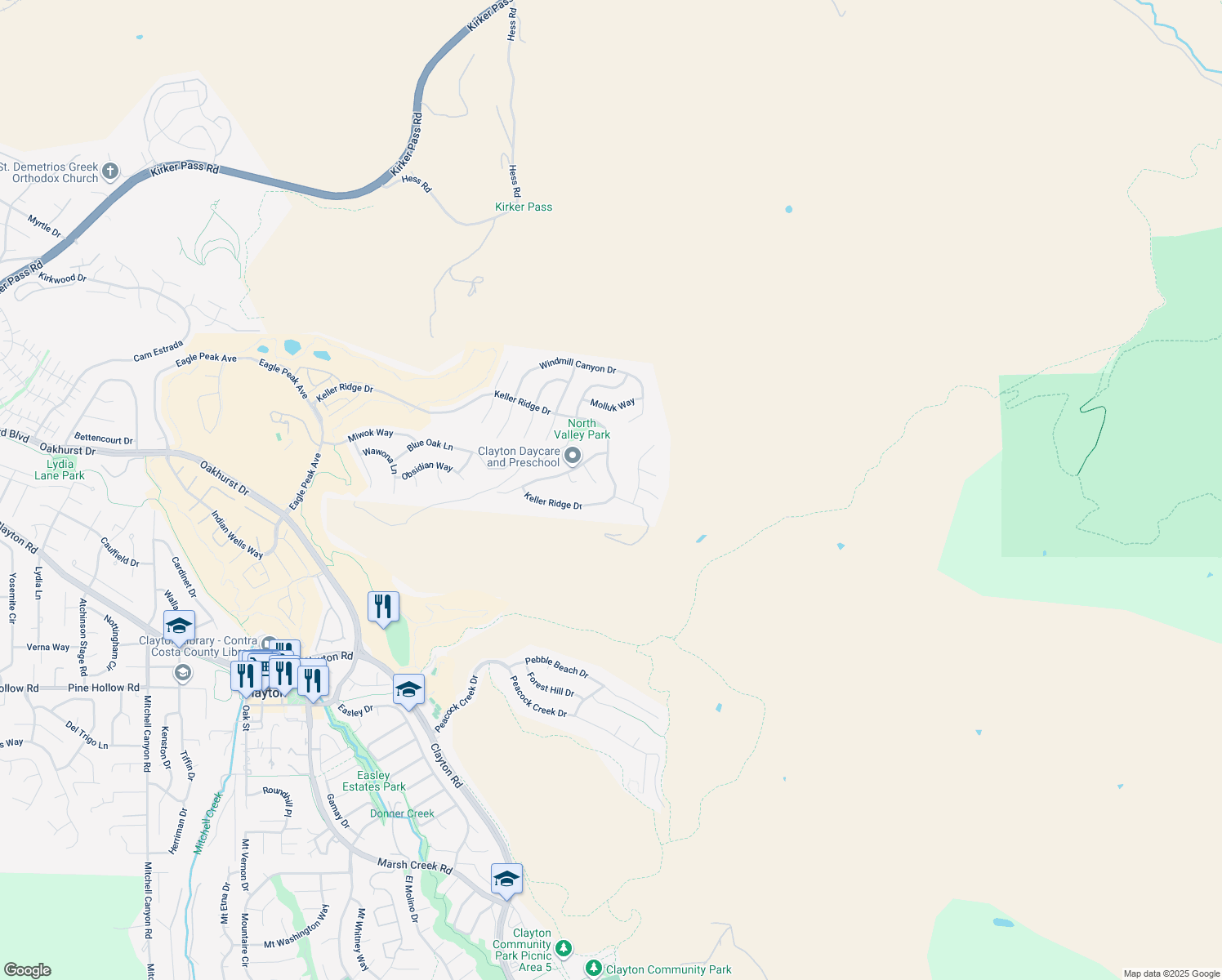 map of restaurants, bars, coffee shops, grocery stores, and more near 5192 Keller Ridge Drive in Clayton