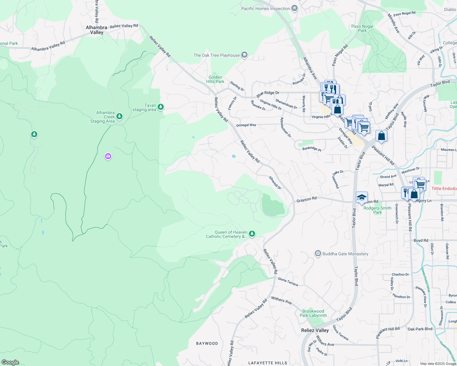 map of restaurants, bars, coffee shops, grocery stores, and more near 1022 Sunrise Ridge Drive in Lafayette