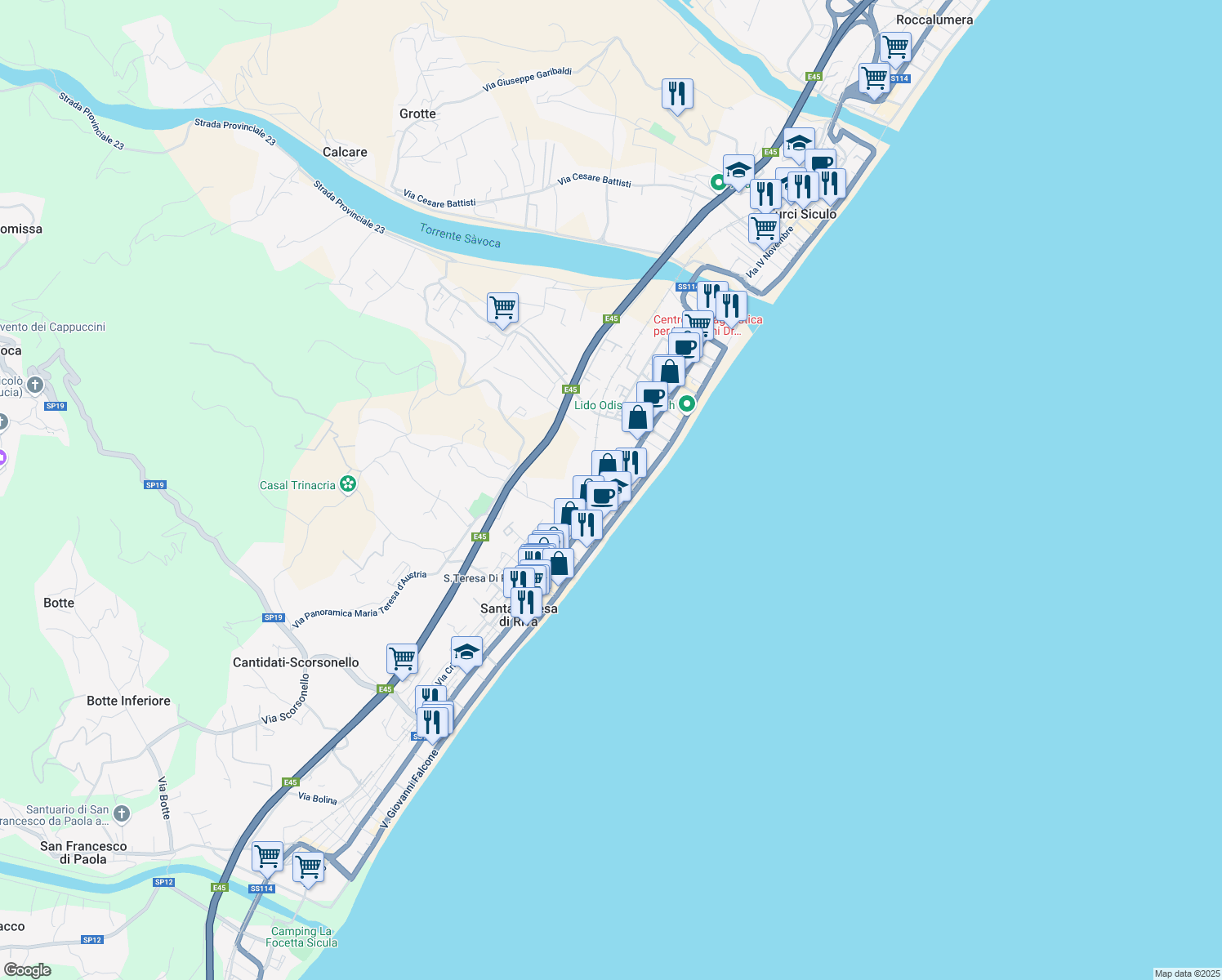 map of restaurants, bars, coffee shops, grocery stores, and more near 303 Via Regina Margherita in Santa Teresa di Riva