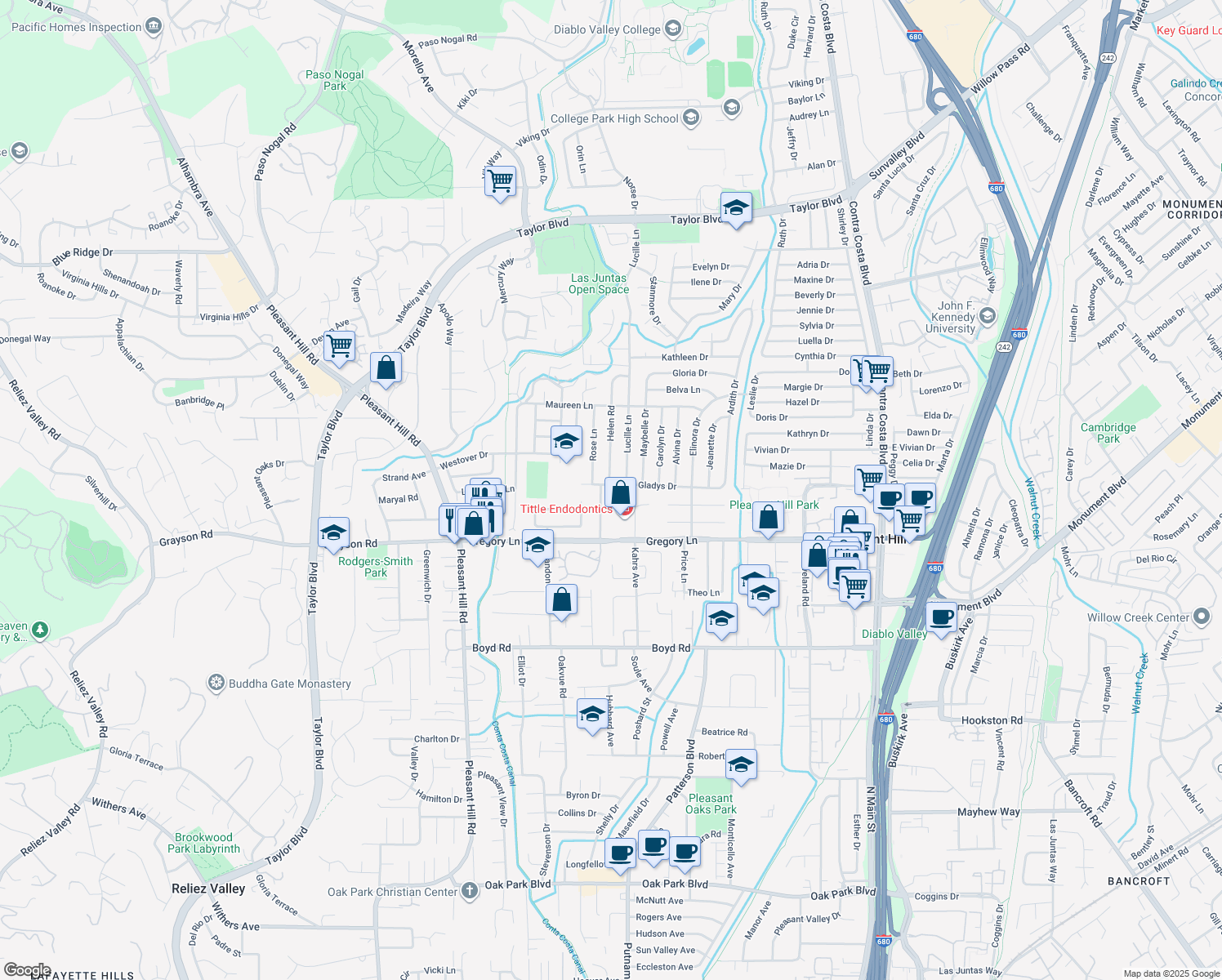 map of restaurants, bars, coffee shops, grocery stores, and more near 395 Gladys Drive in Pleasant Hill