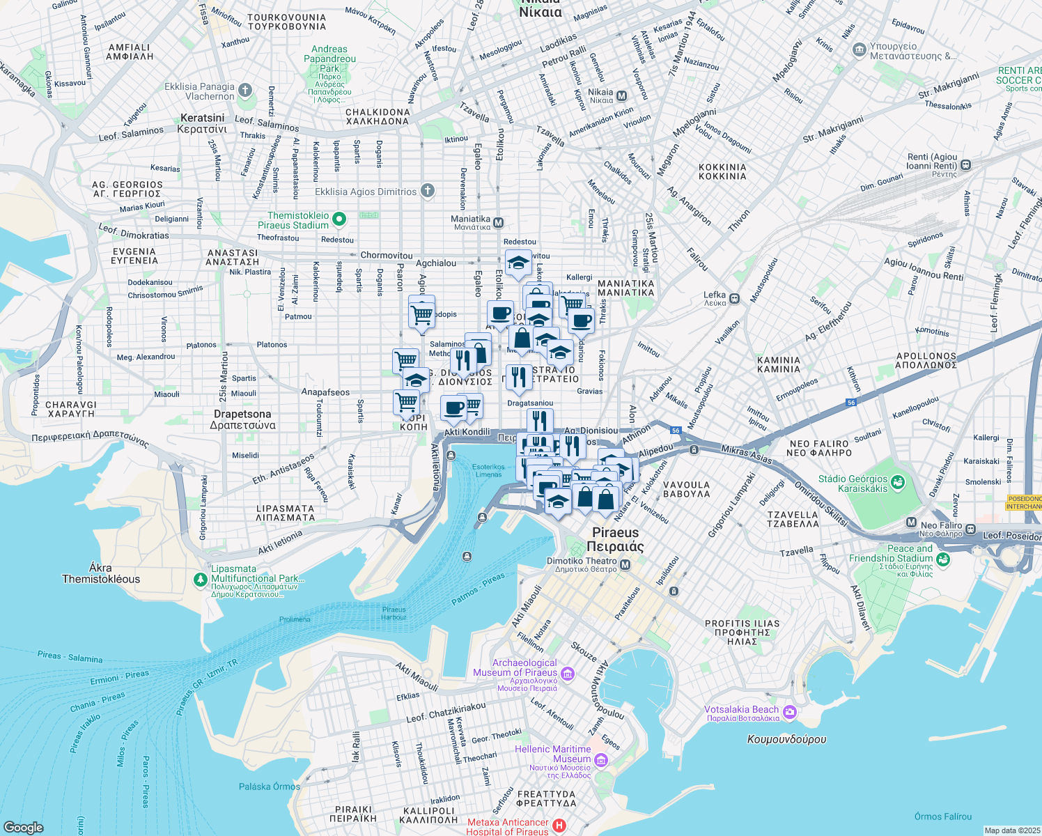 map of restaurants, bars, coffee shops, grocery stores, and more near in Pireas