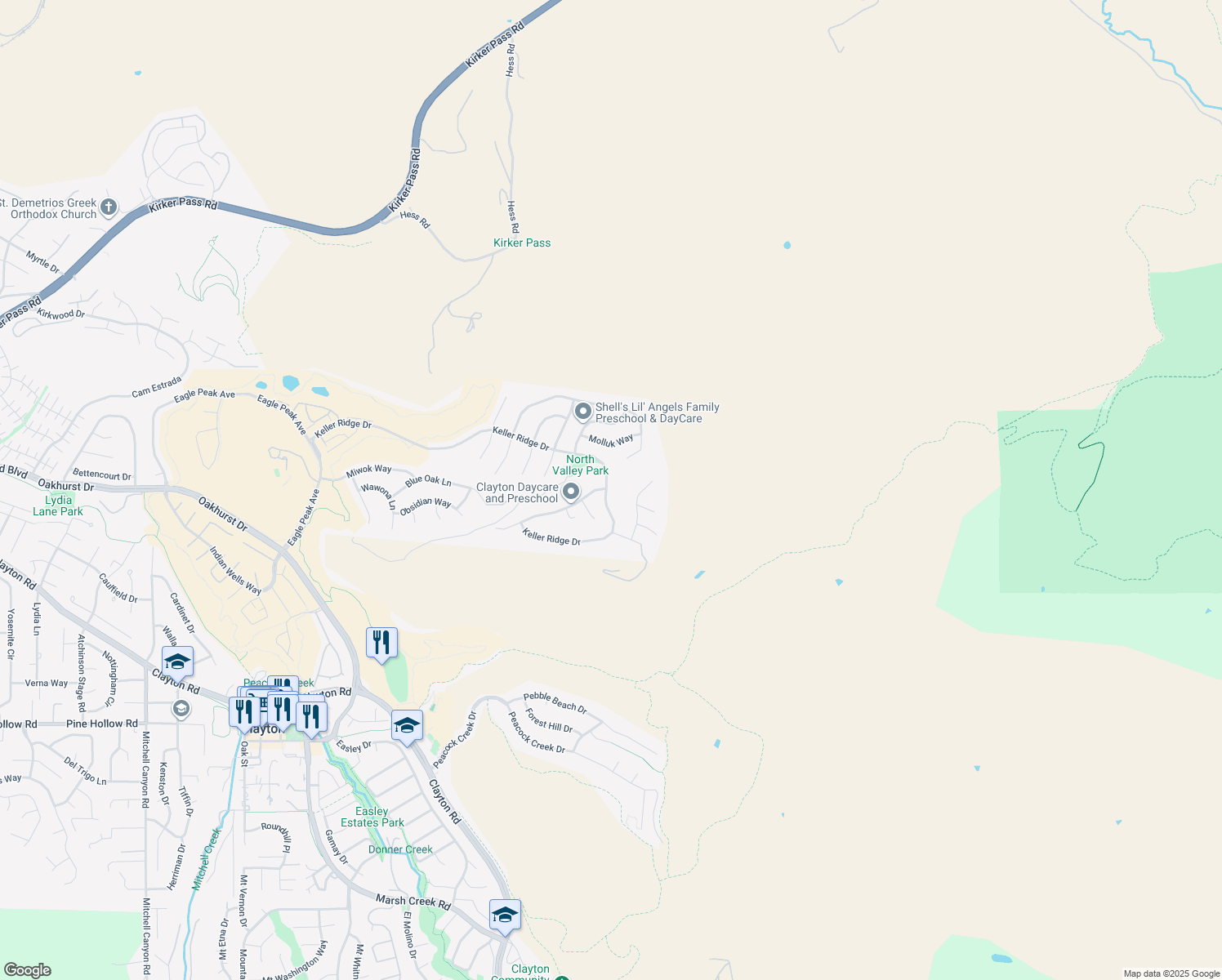 map of restaurants, bars, coffee shops, grocery stores, and more near 5179 Keller Ridge Drive in Clayton
