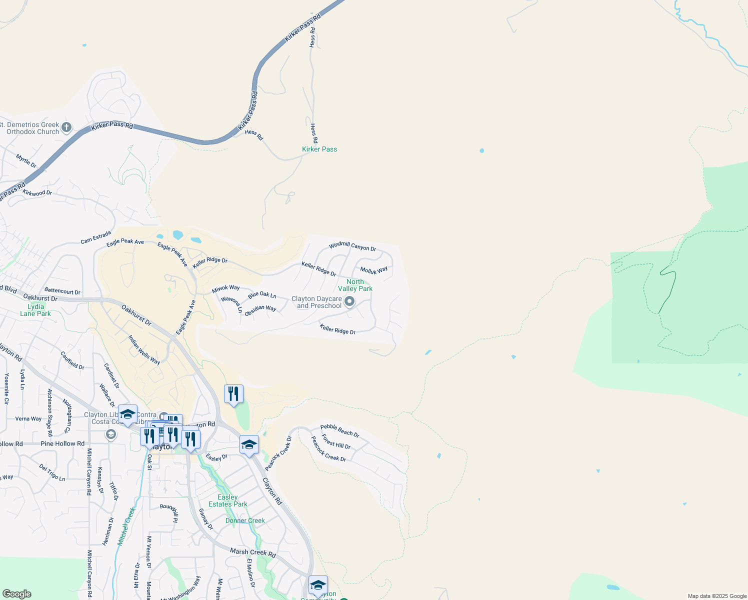 map of restaurants, bars, coffee shops, grocery stores, and more near 5179 Keller Ridge Drive in Clayton