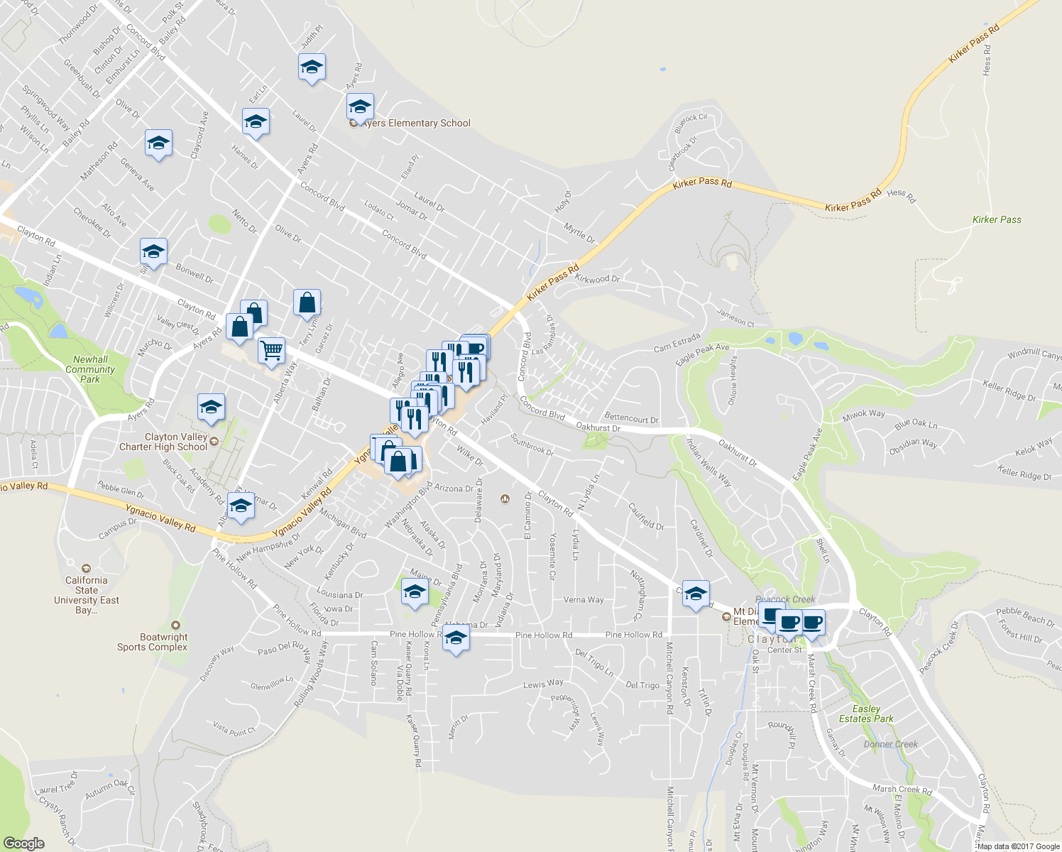 map of restaurants, bars, coffee shops, grocery stores, and more near 5567 Morningside Drive in Clayton