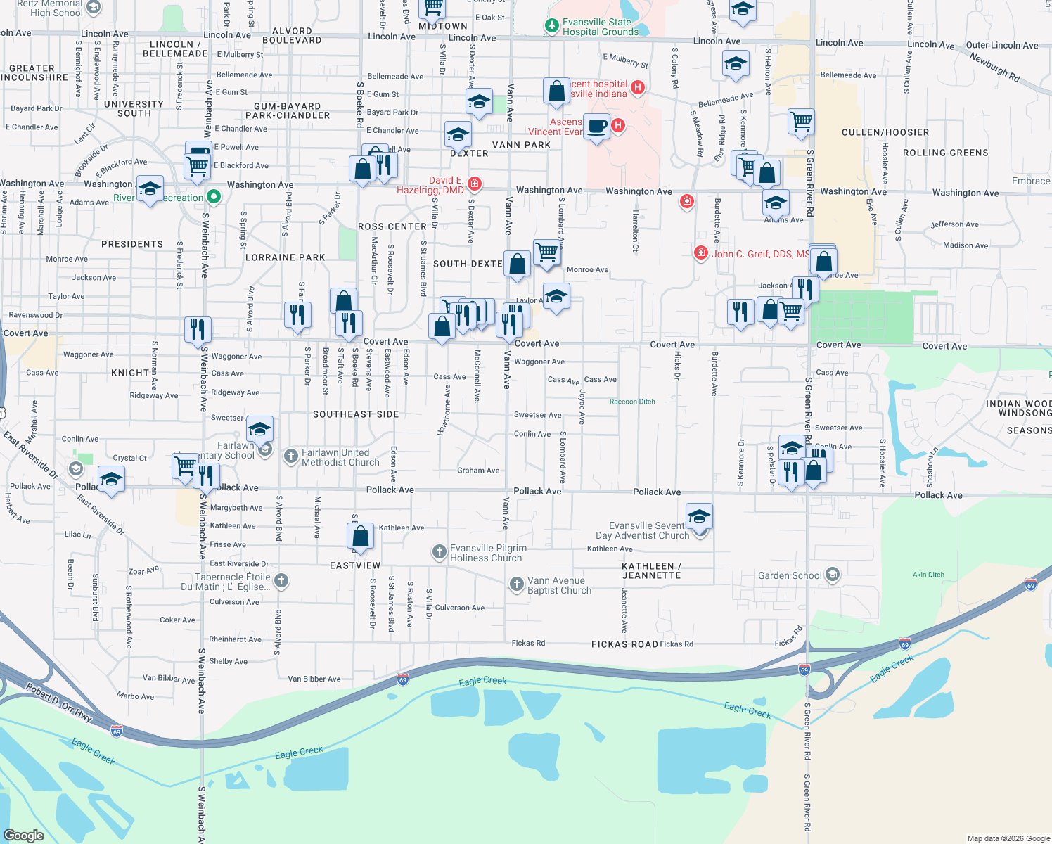 map of restaurants, bars, coffee shops, grocery stores, and more near 1898 Dianne Ave in Evansville