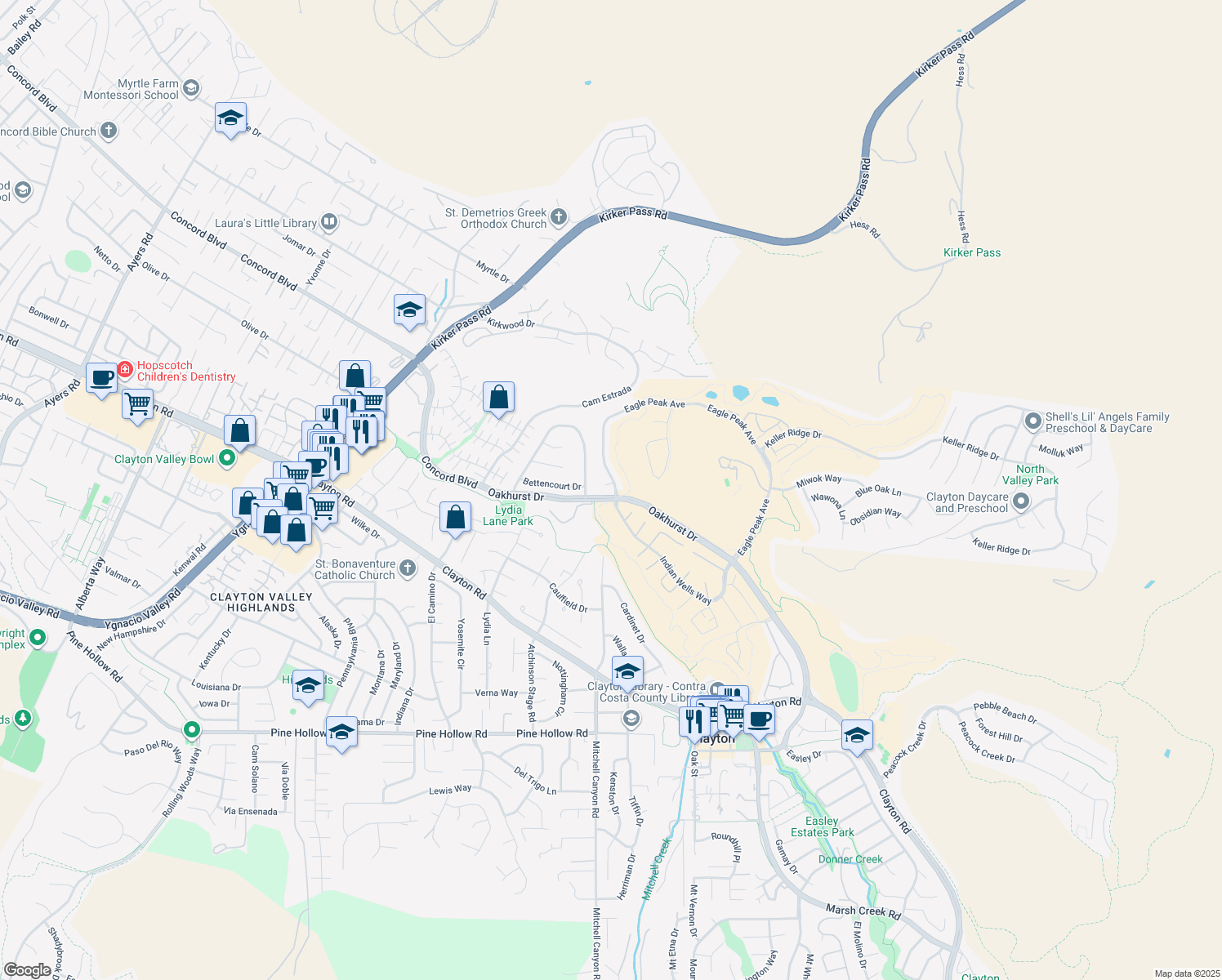 map of restaurants, bars, coffee shops, grocery stores, and more near 11 Eagle Peak Place in Clayton