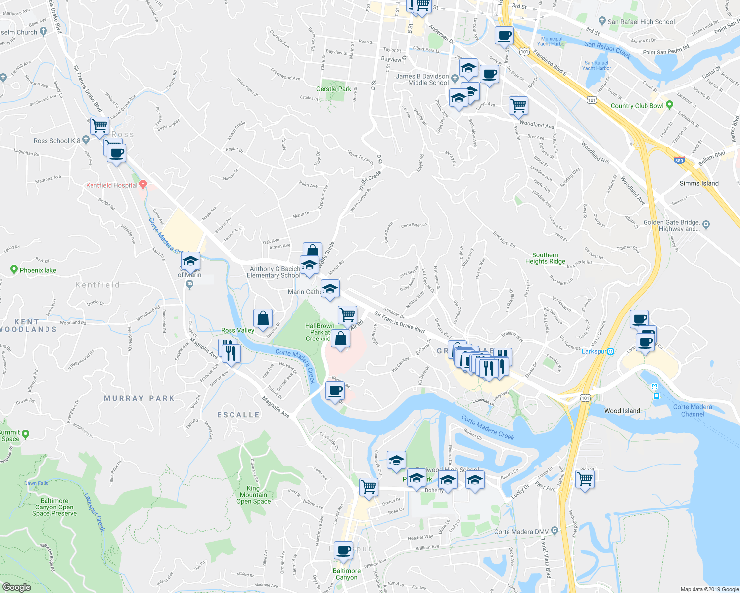 map of restaurants, bars, coffee shops, grocery stores, and more near 43 Almenar Drive in Kentfield