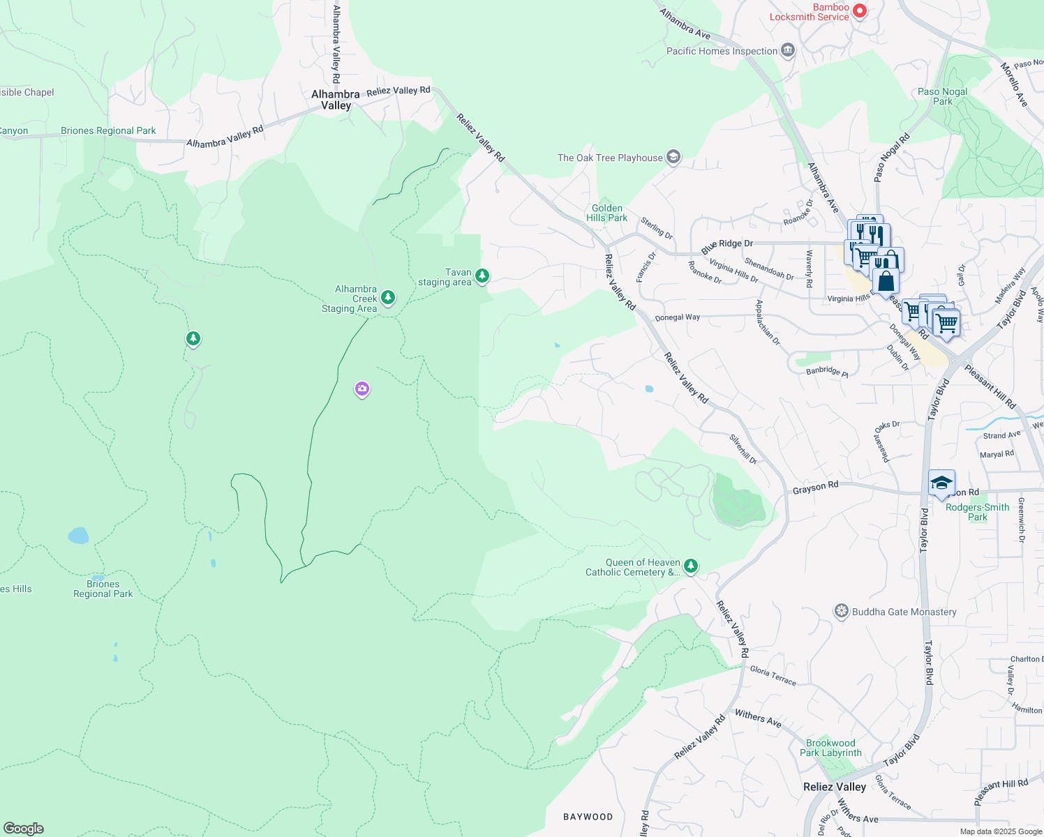 map of restaurants, bars, coffee shops, grocery stores, and more near 1255 Sunrise Ridge Drive in Lafayette