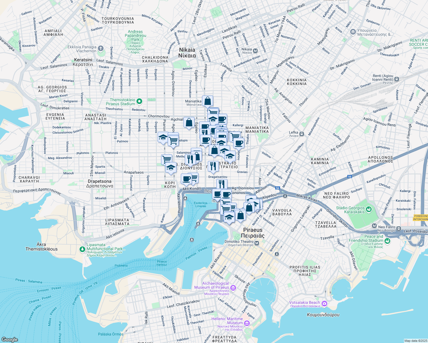 map of restaurants, bars, coffee shops, grocery stores, and more near in Pireas