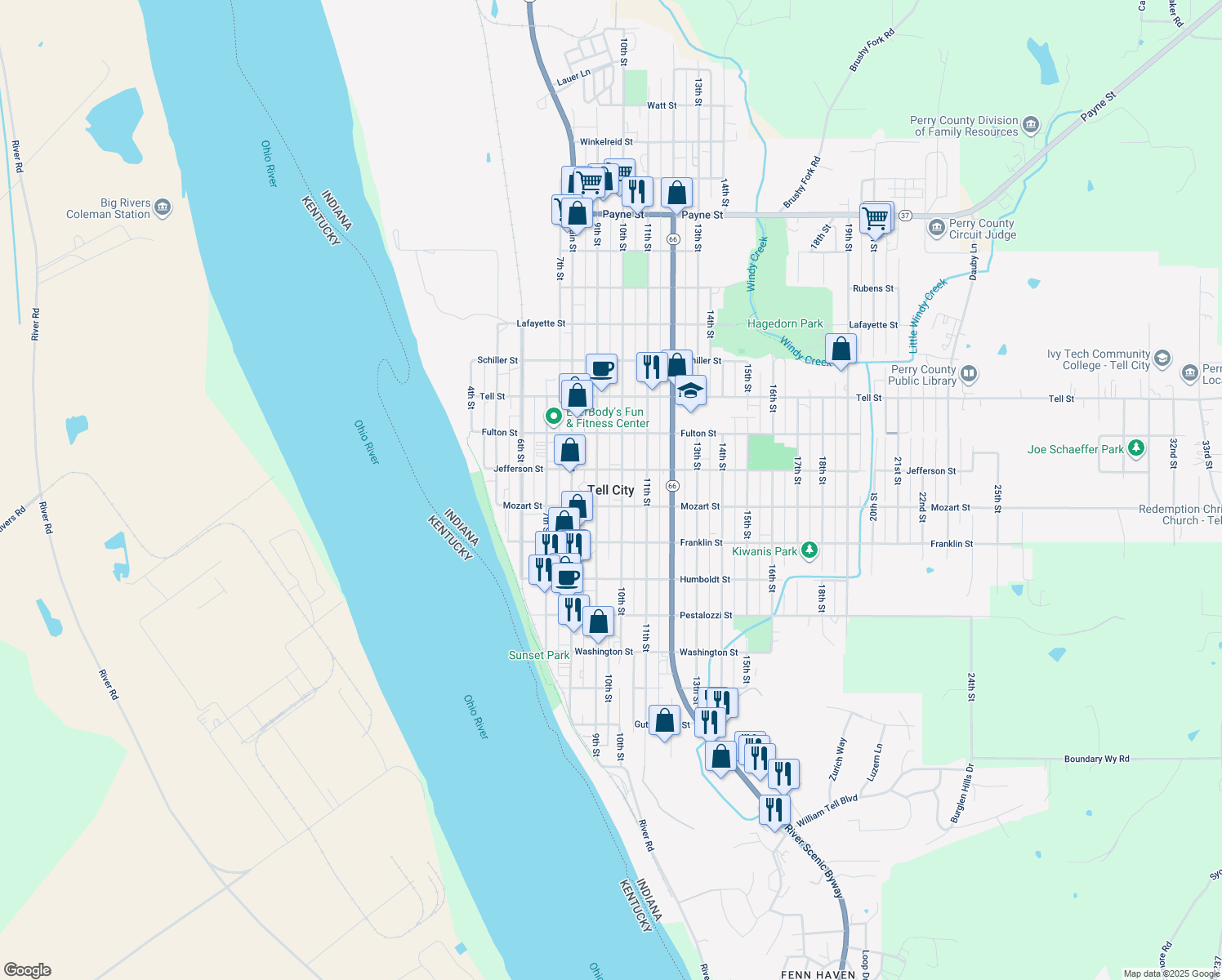 map of restaurants, bars, coffee shops, grocery stores, and more near in Tell City