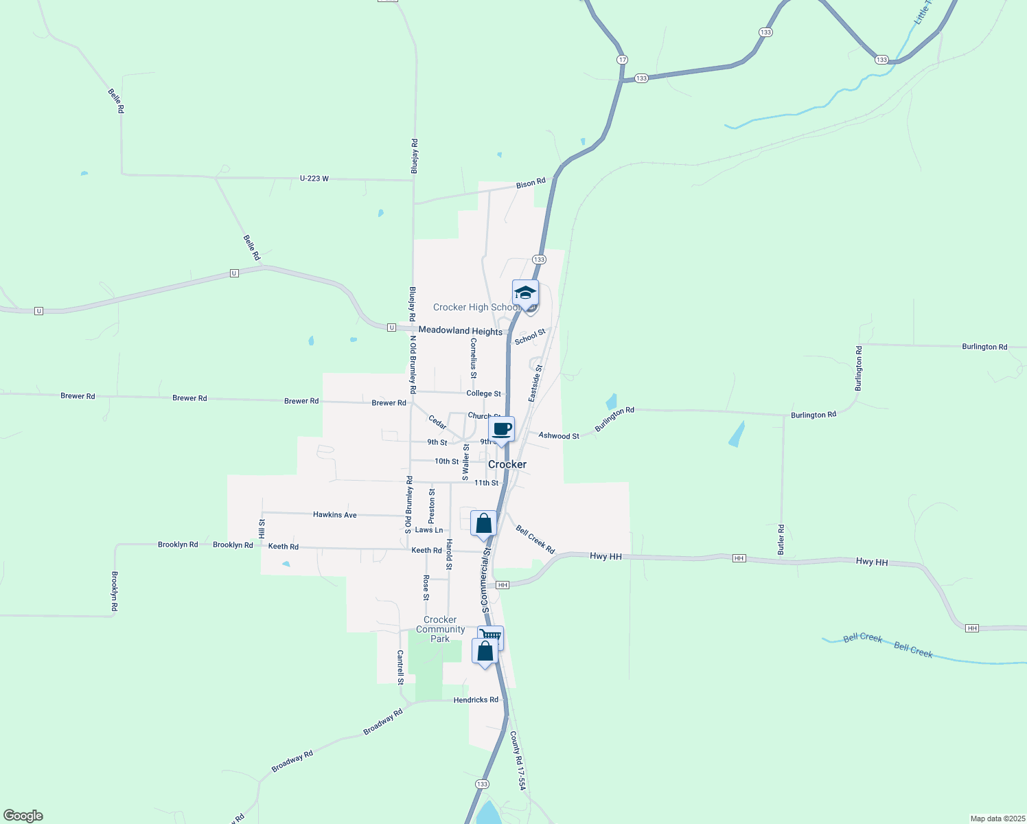 map of restaurants, bars, coffee shops, grocery stores, and more near 301 North Commercial Street in Crocker