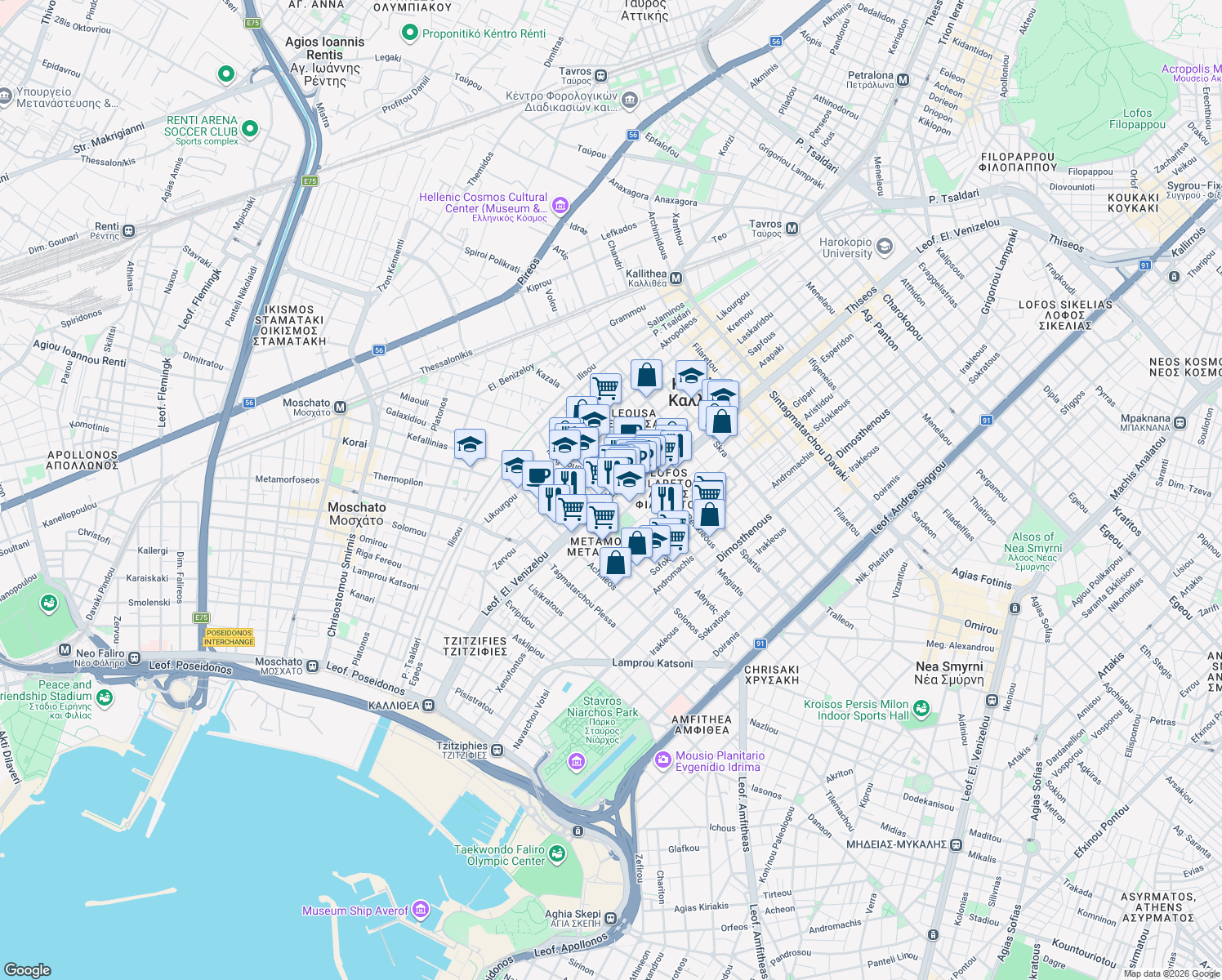 map of restaurants, bars, coffee shops, grocery stores, and more near in Kallithea