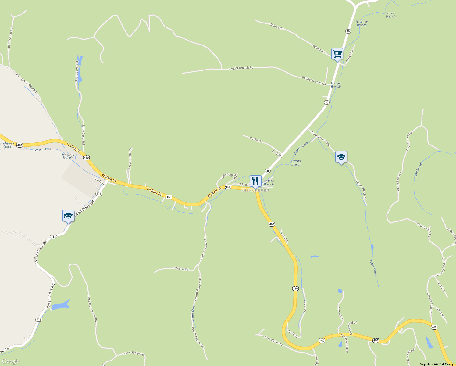 map of restaurants, bars, coffee shops, grocery stores, and more near Old Campus Rd in Frenchburg