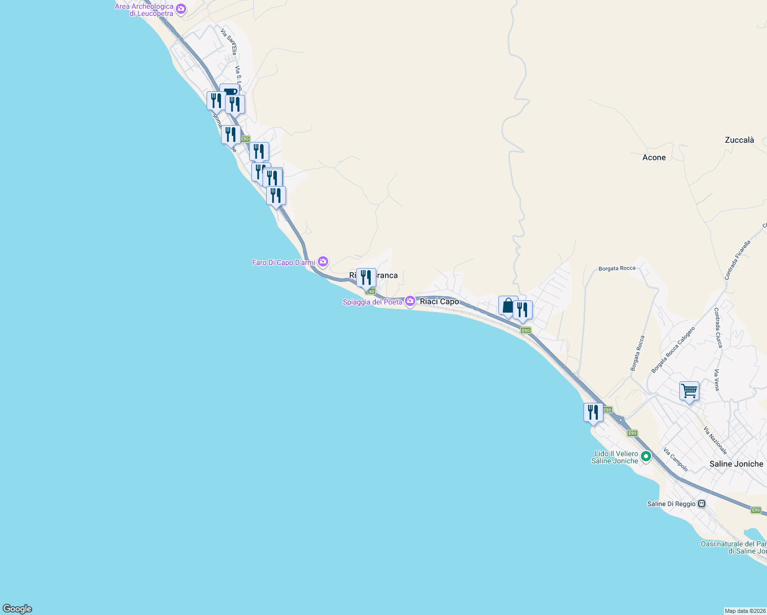 map of restaurants, bars, coffee shops, grocery stores, and more near 33 Via Nazionale Lazzaro in Città metropolitana di Reggio Calabria