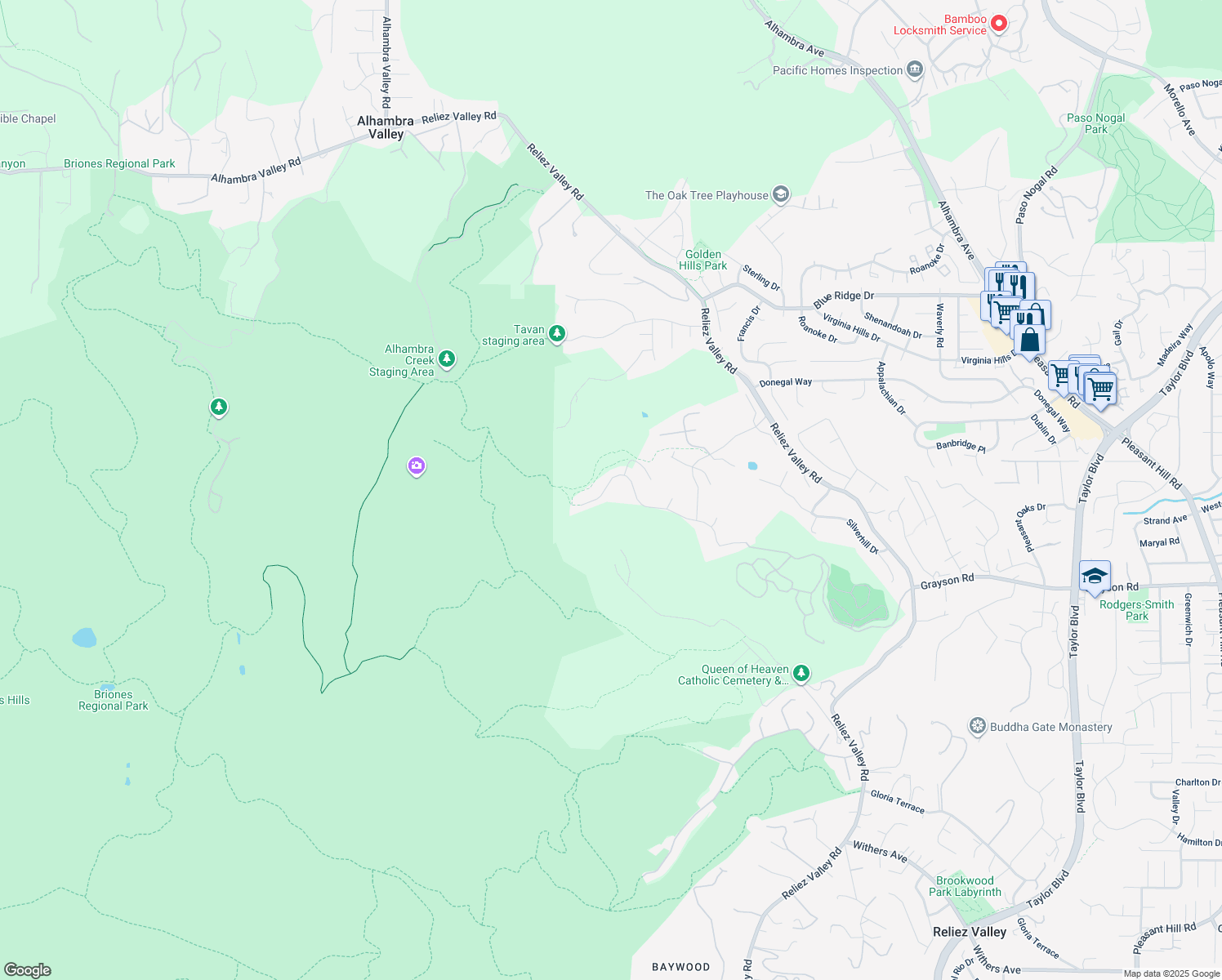 map of restaurants, bars, coffee shops, grocery stores, and more near 1239 Sunrise Ridge Drive in Lafayette