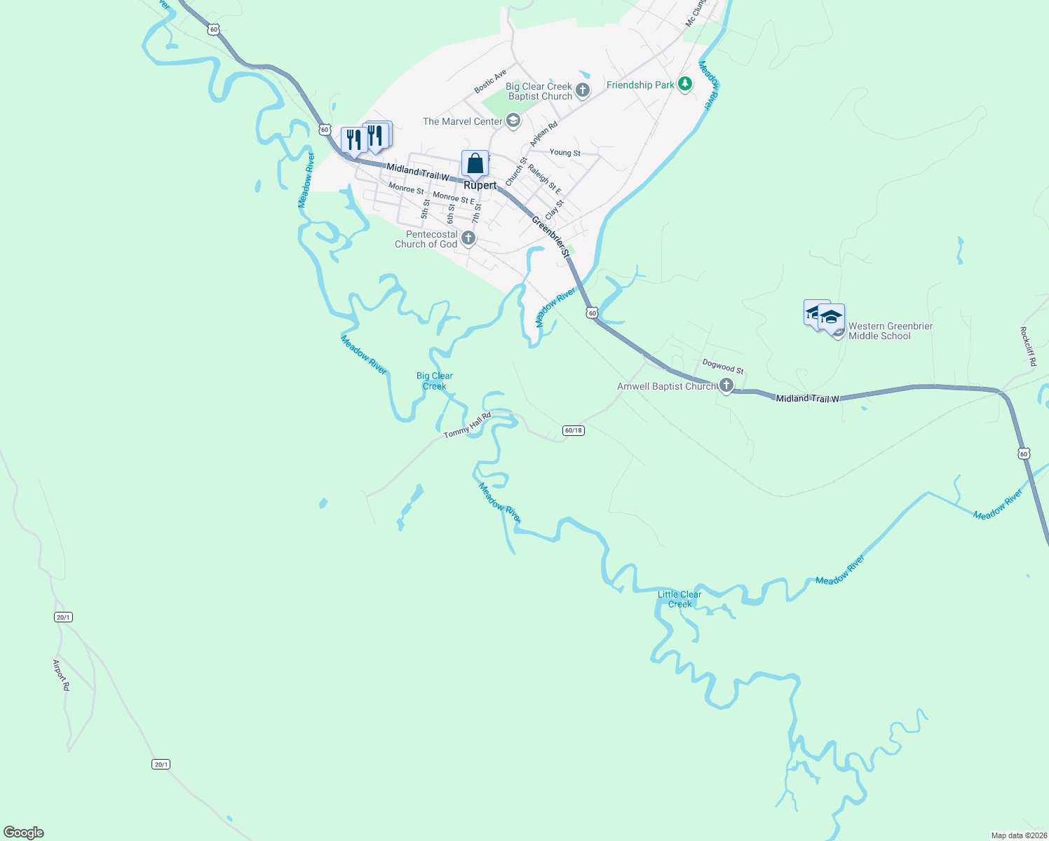 map of restaurants, bars, coffee shops, grocery stores, and more near County Route 60/18 in Rupert