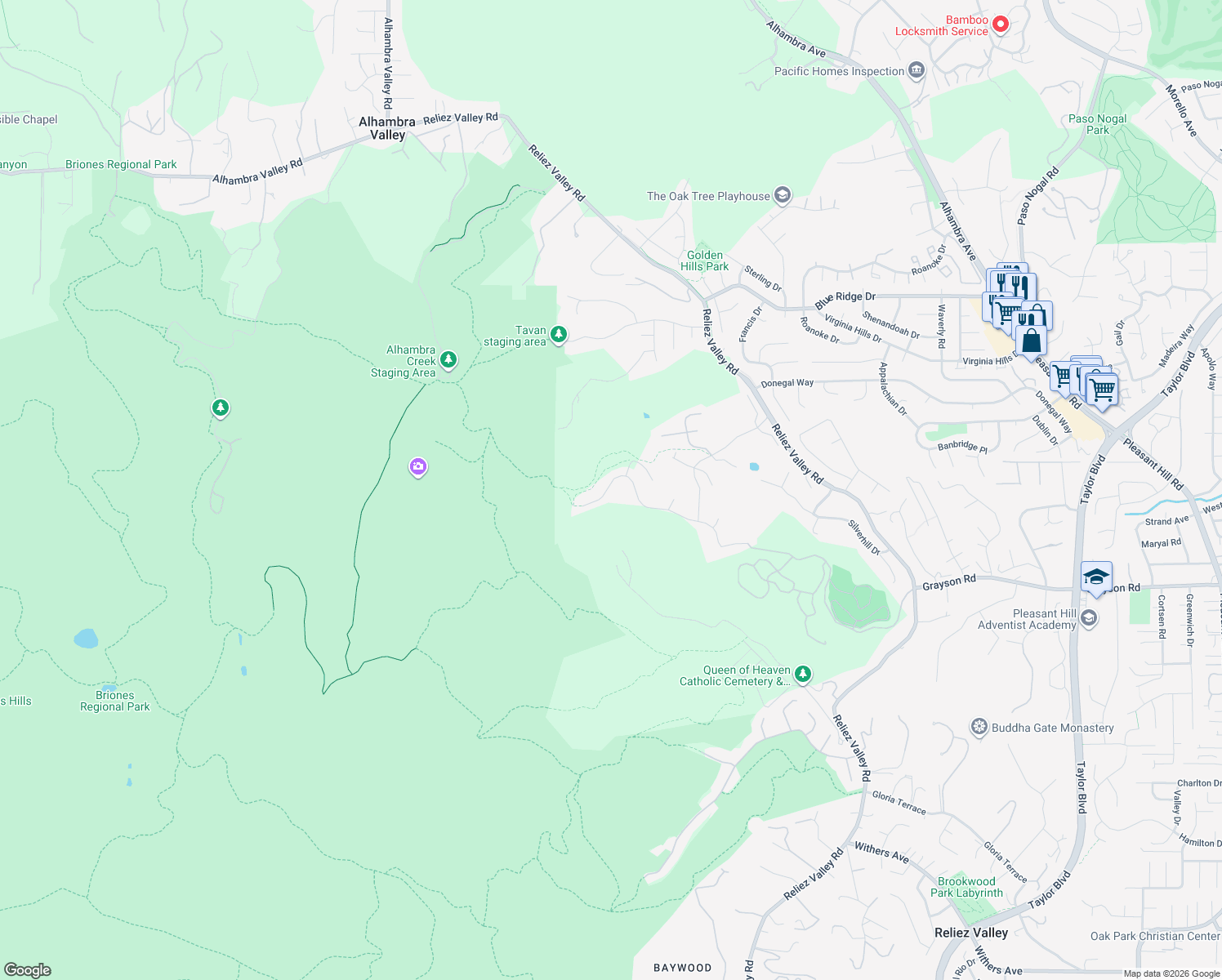 map of restaurants, bars, coffee shops, grocery stores, and more near 1255 Sunrise Ridge Drive in Lafayette