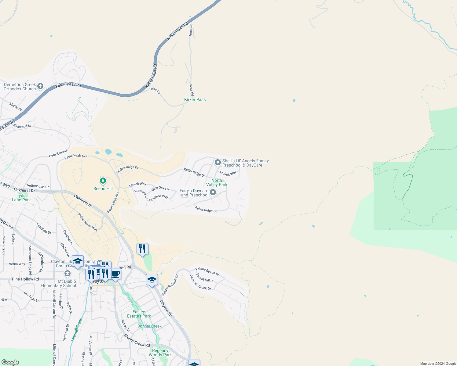 map of restaurants, bars, coffee shops, grocery stores, and more near 5171 Keller Ridge Drive in Clayton