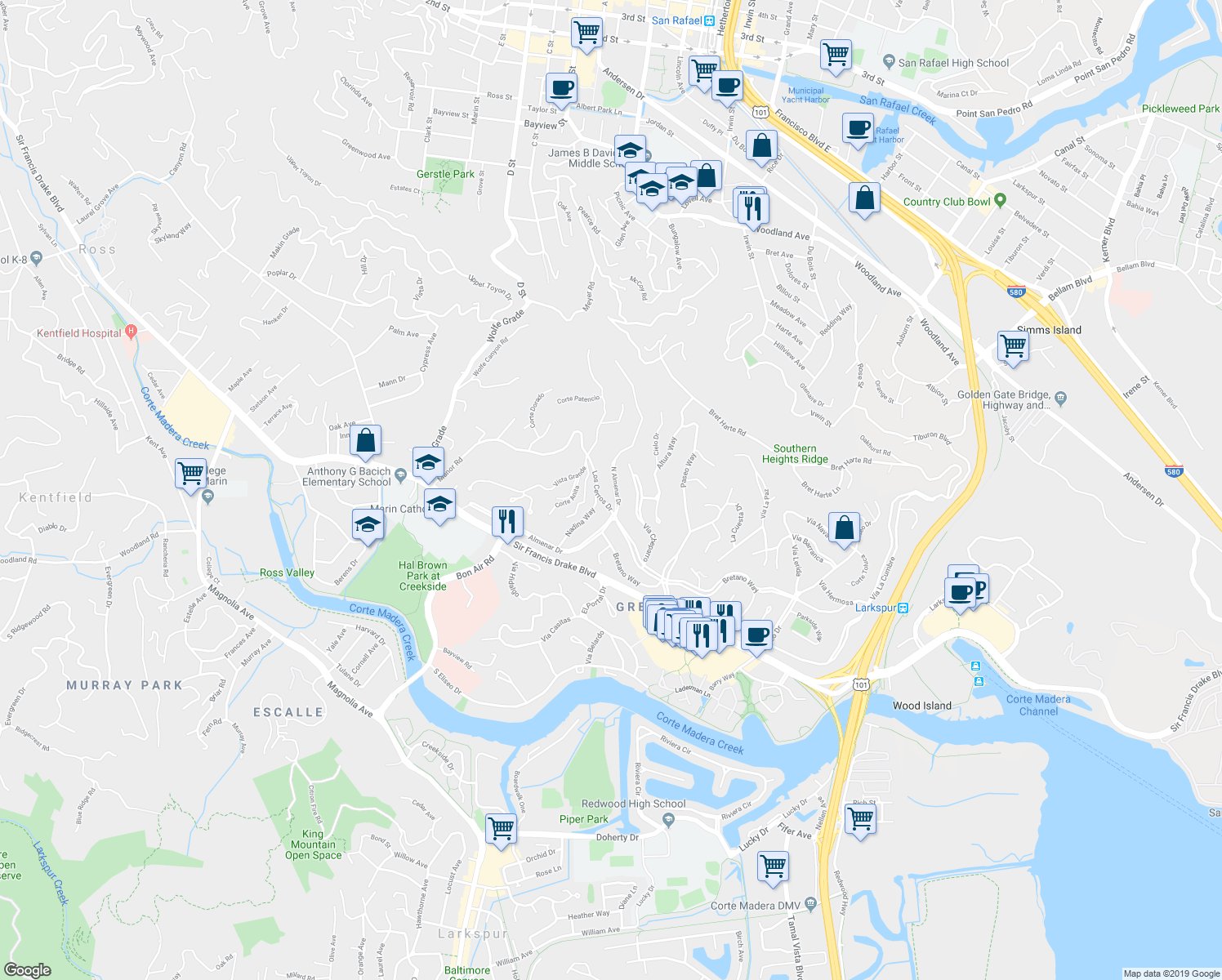 map of restaurants, bars, coffee shops, grocery stores, and more near 225 North Almenar Drive in Kentfield