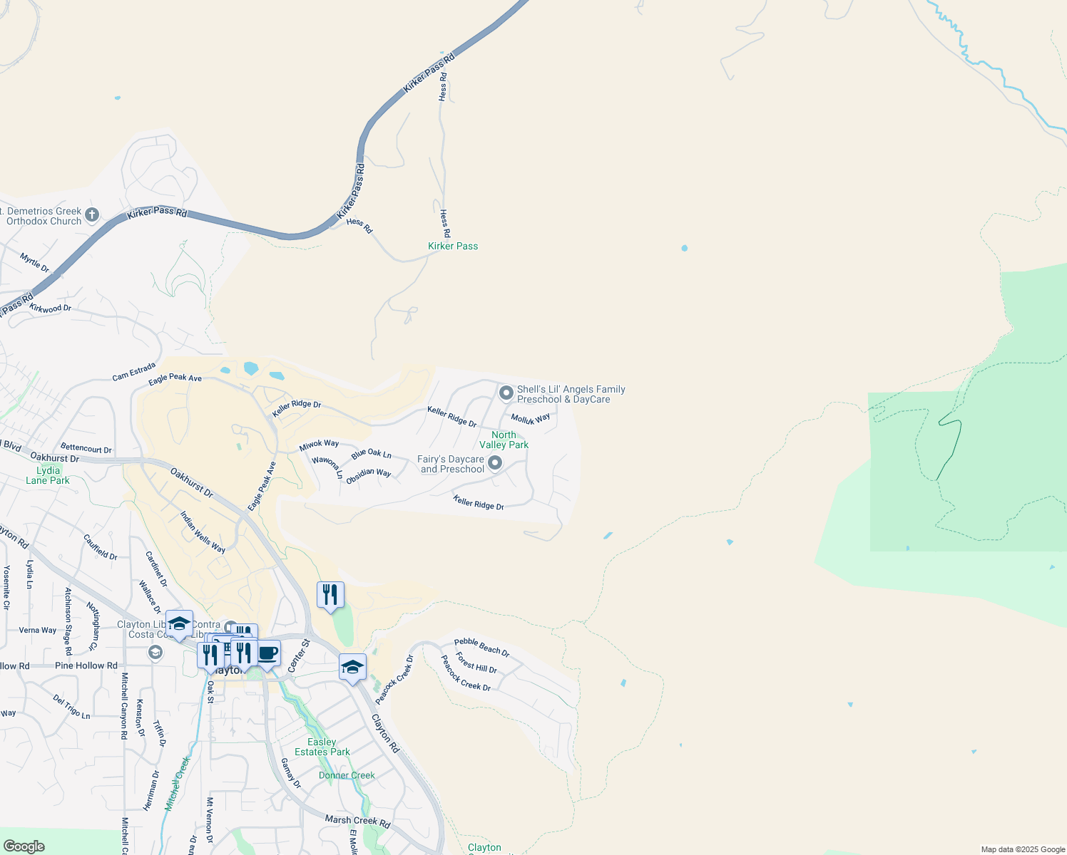 map of restaurants, bars, coffee shops, grocery stores, and more near 7016 Molluk Way in Clayton
