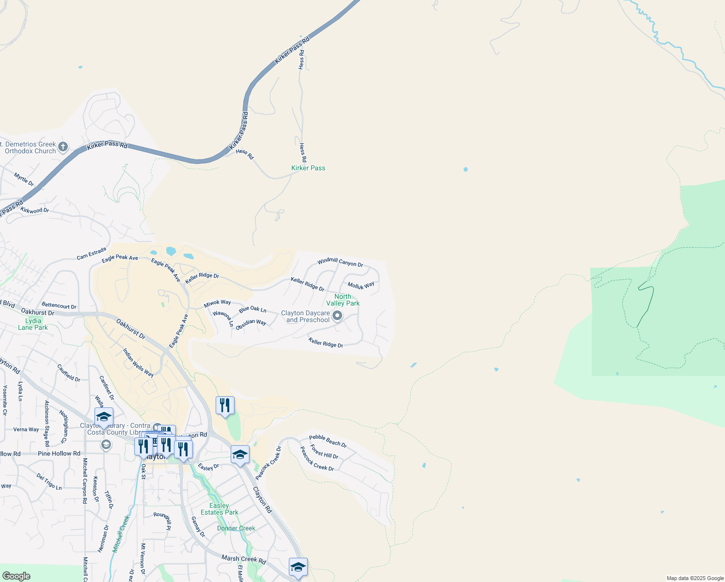 map of restaurants, bars, coffee shops, grocery stores, and more near 7016 Molluk Way in Clayton