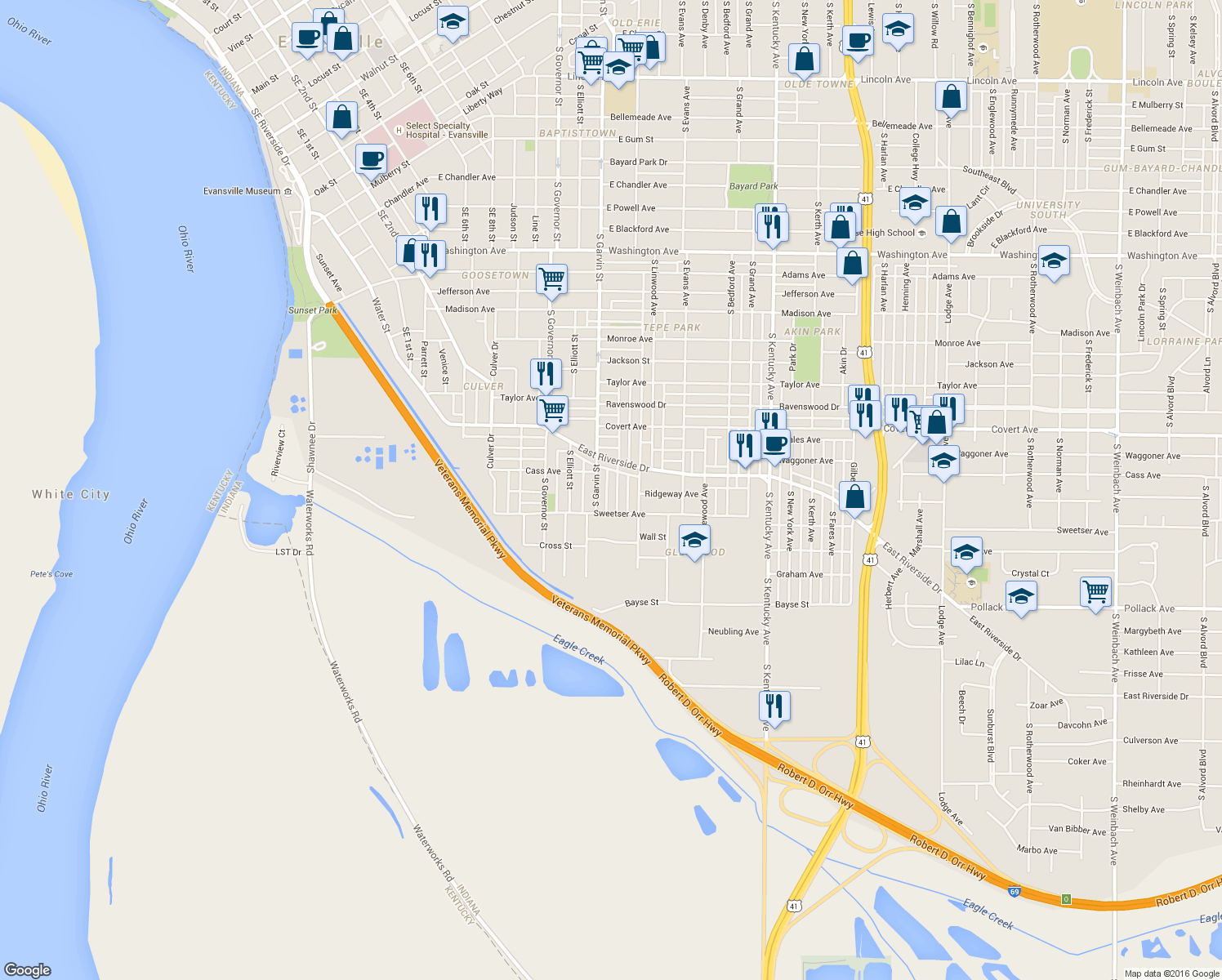 map of restaurants, bars, coffee shops, grocery stores, and more near 1733 S Morton Ave in Evansville