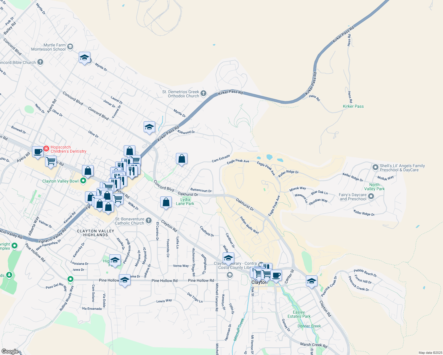 map of restaurants, bars, coffee shops, grocery stores, and more near 1840 Eagle Peak Avenue in Clayton