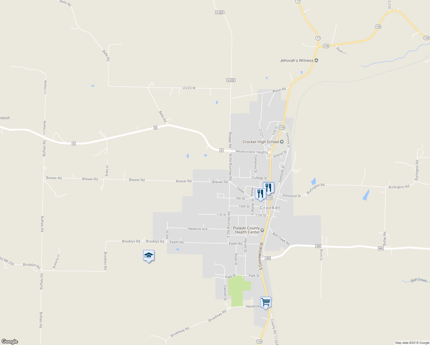 map of restaurants, bars, coffee shops, grocery stores, and more near 102 Brewer Road in Crocker