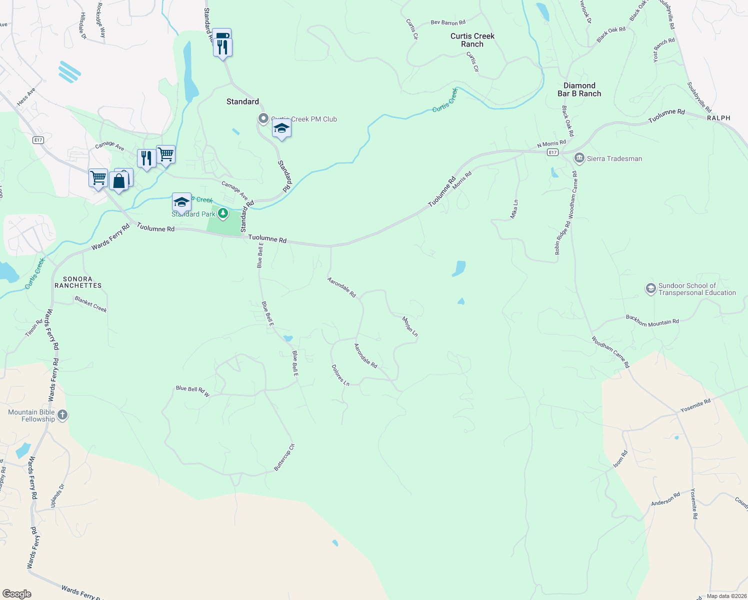 map of restaurants, bars, coffee shops, grocery stores, and more near 18215 Aarondale Road in Sonora