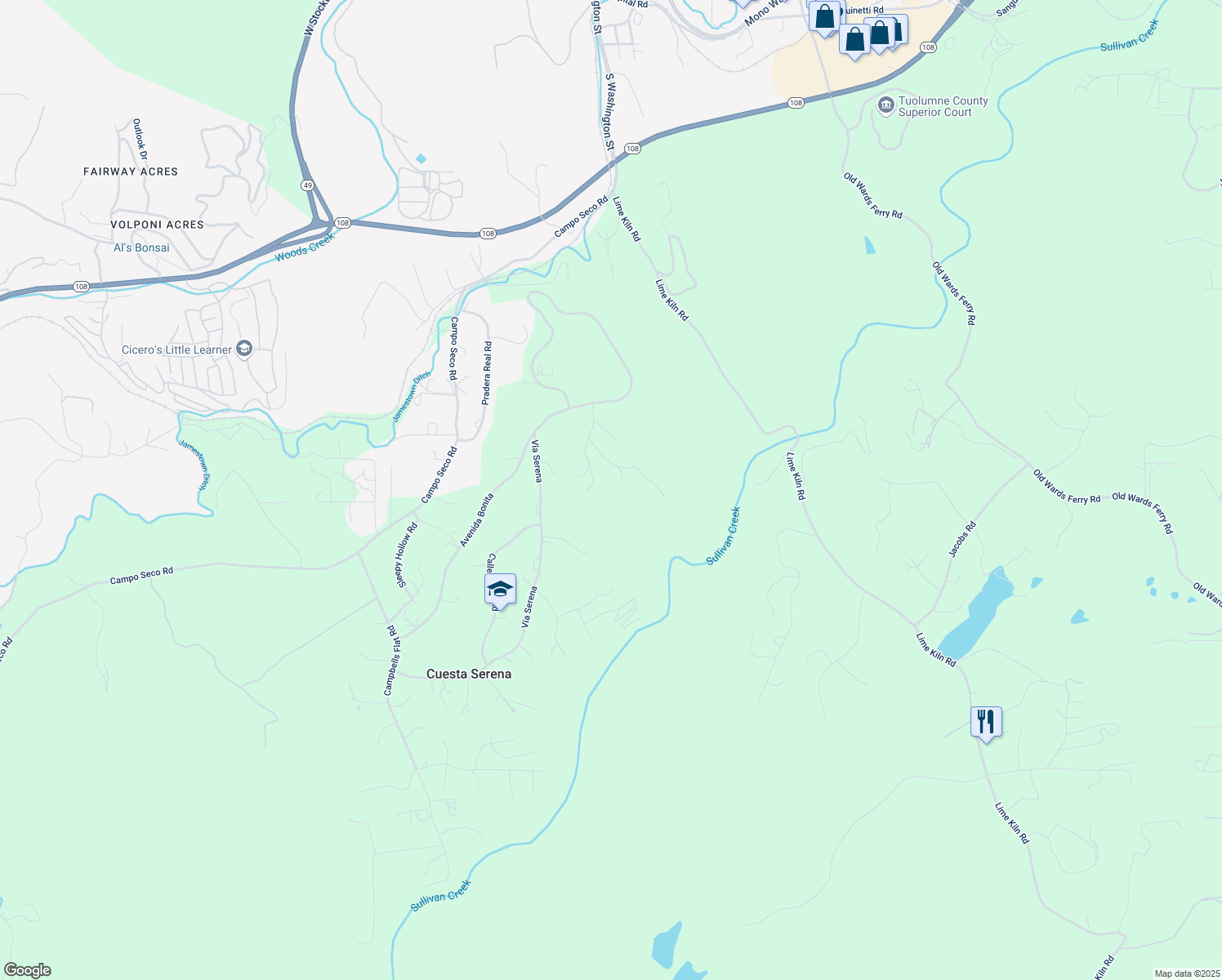 map of restaurants, bars, coffee shops, grocery stores, and more near 18373 Corte Del Montana in Sonora