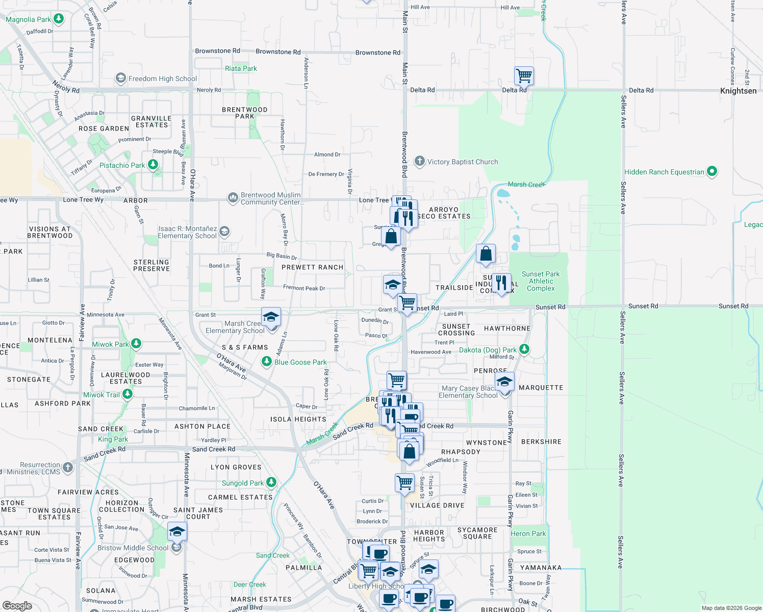 map of restaurants, bars, coffee shops, grocery stores, and more near 2811 Bosk Avenue in Brentwood