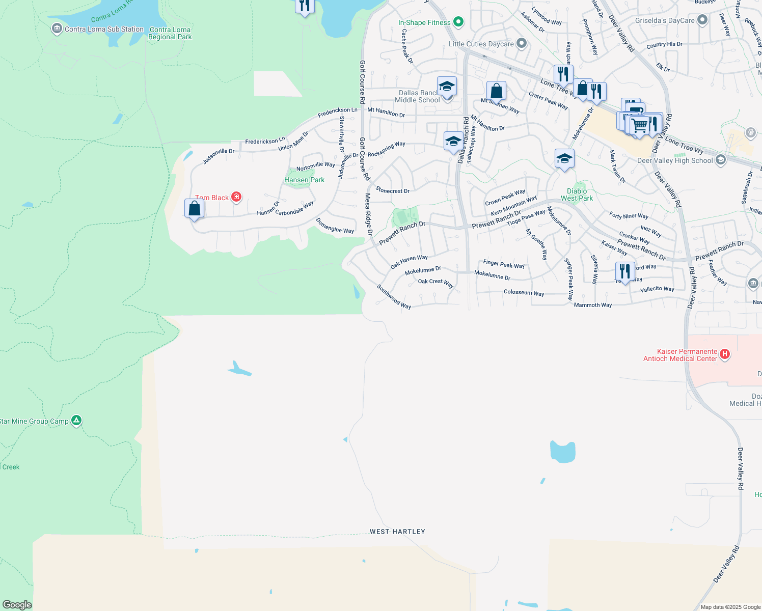 map of restaurants, bars, coffee shops, grocery stores, and more near 1256 Mokelumne Court in Antioch