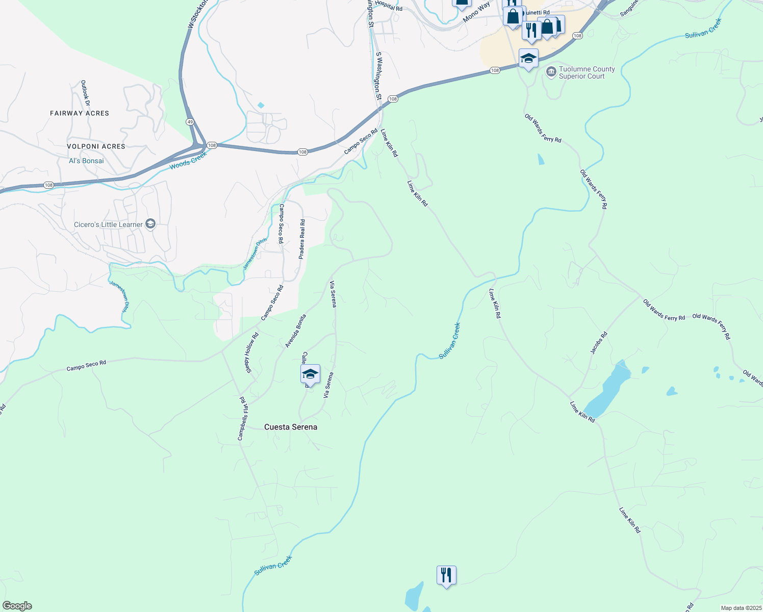 map of restaurants, bars, coffee shops, grocery stores, and more near 18373 Corte Del Montana in Sonora