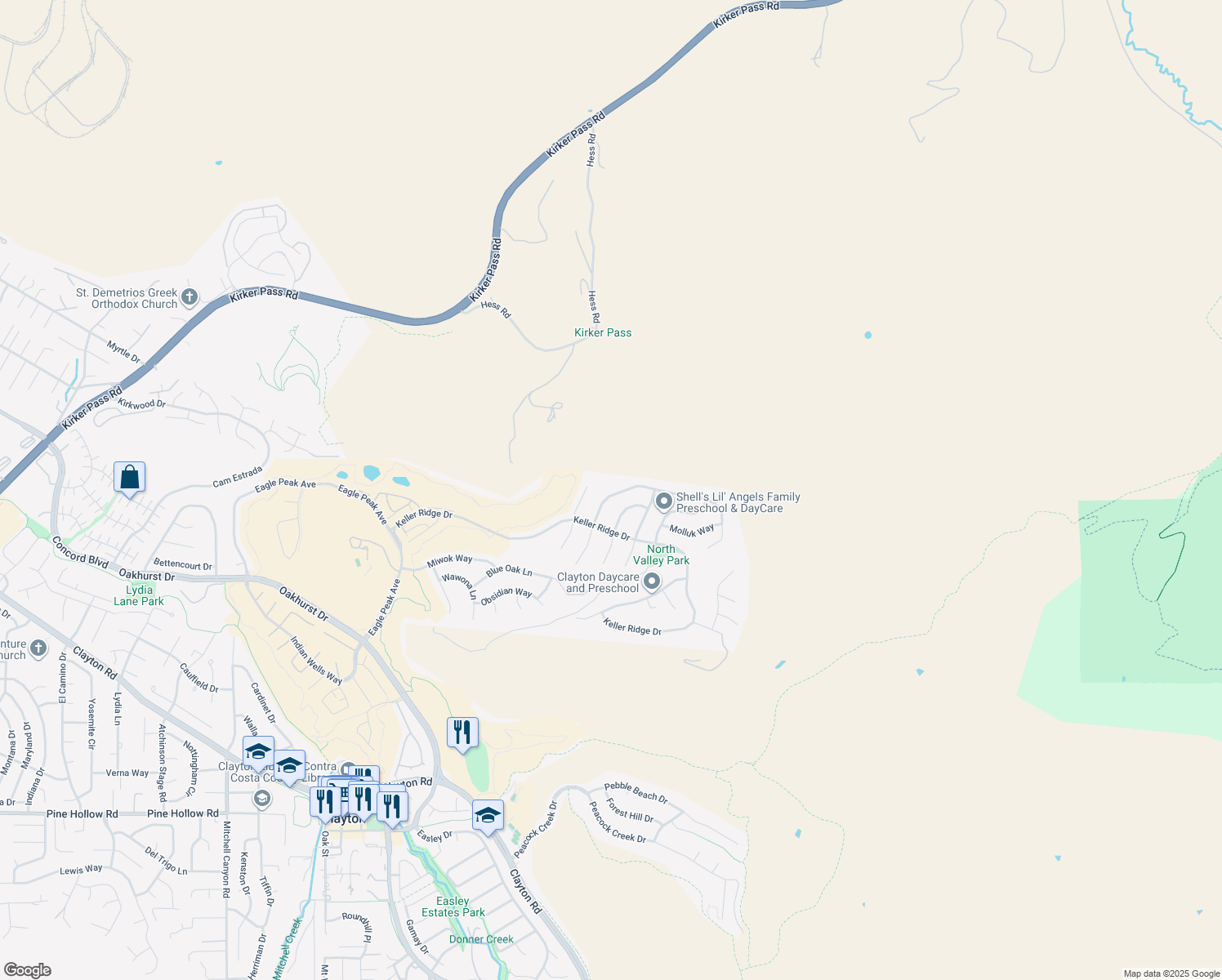 map of restaurants, bars, coffee shops, grocery stores, and more near 3027 Windmill Canyon Drive in Clayton