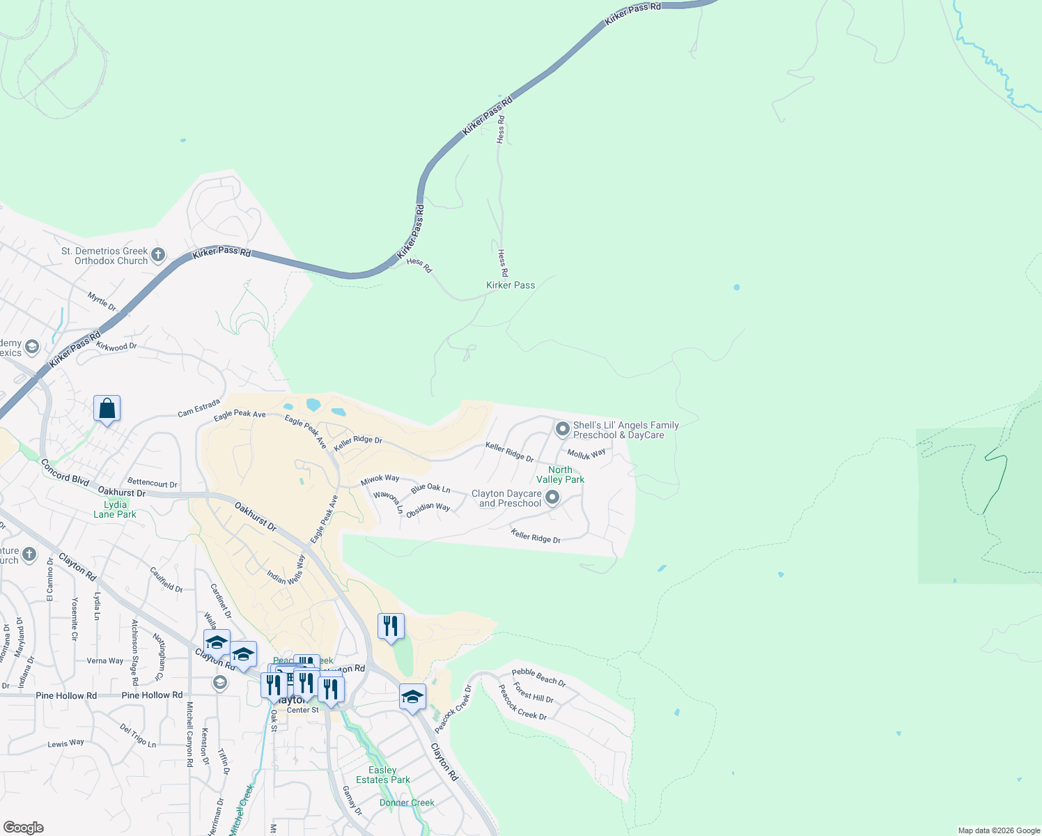 map of restaurants, bars, coffee shops, grocery stores, and more near 3029 Windmill Canyon Drive in Clayton