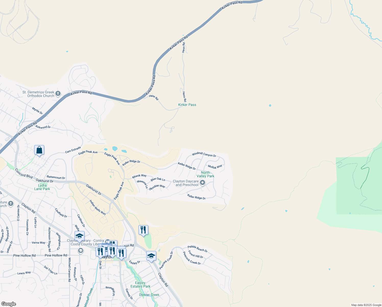 map of restaurants, bars, coffee shops, grocery stores, and more near 3029 Windmill Canyon Drive in Clayton