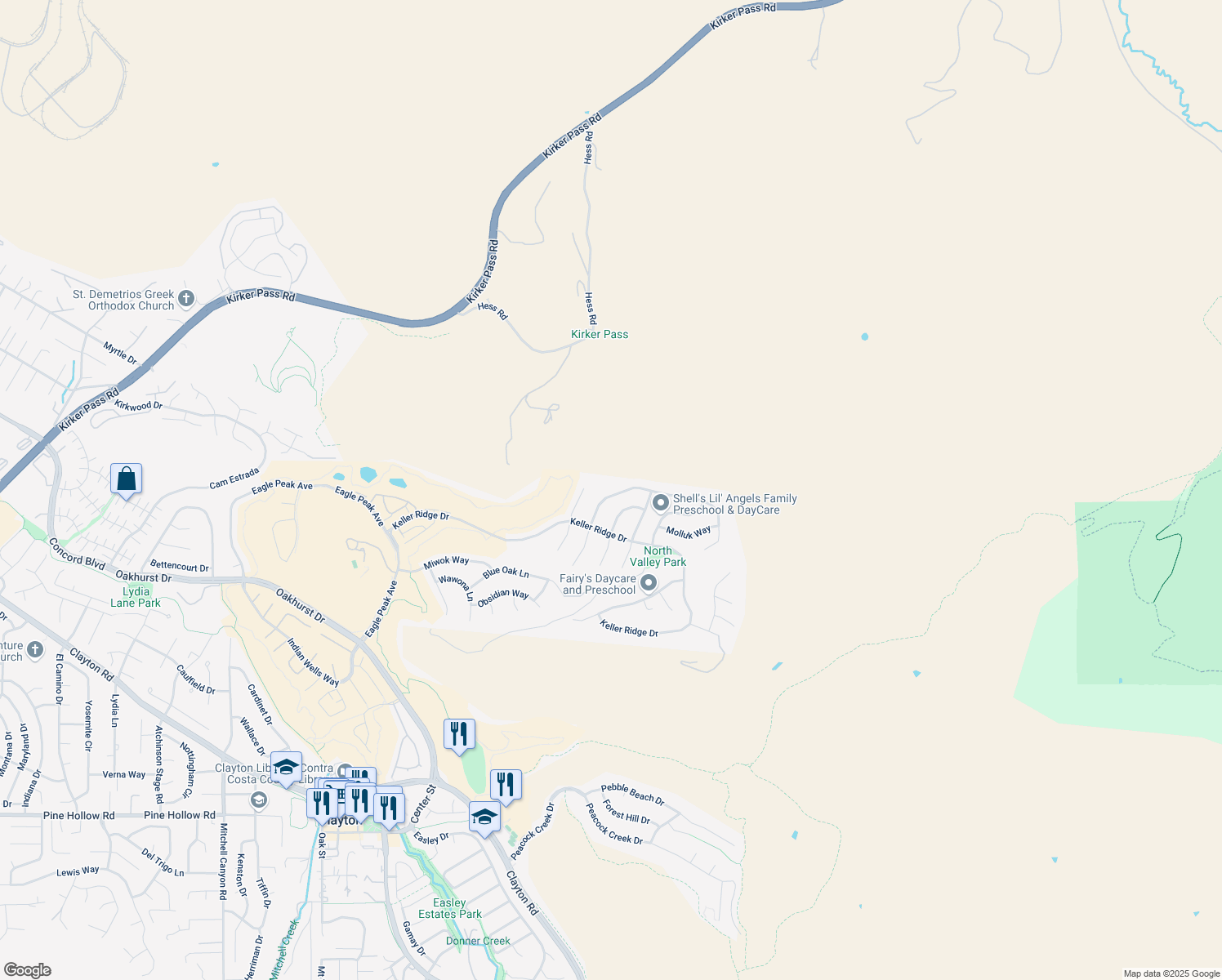 map of restaurants, bars, coffee shops, grocery stores, and more near 3029 Windmill Canyon Drive in Clayton