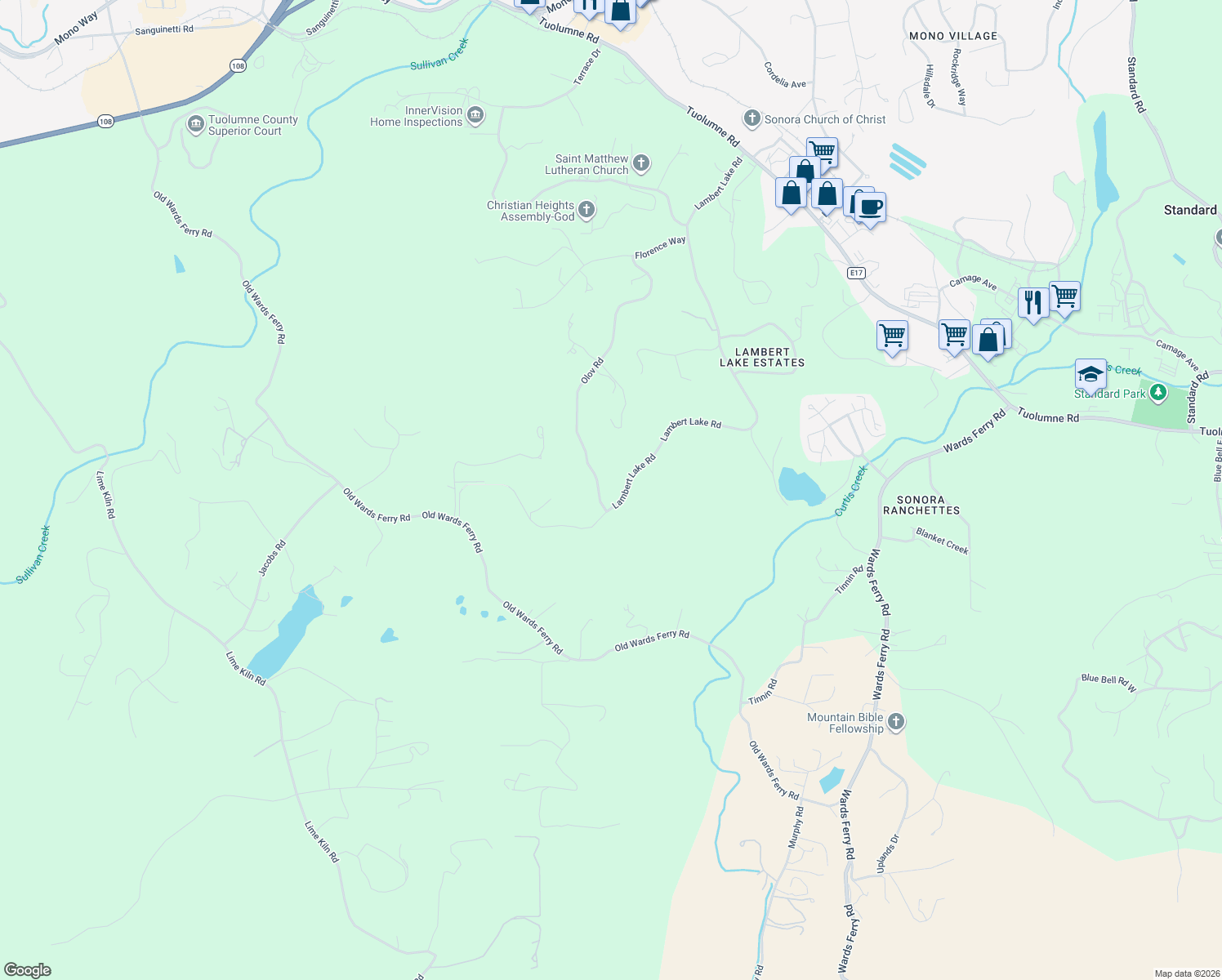 map of restaurants, bars, coffee shops, grocery stores, and more near 18284 Lambert Lake Rd in Sonora