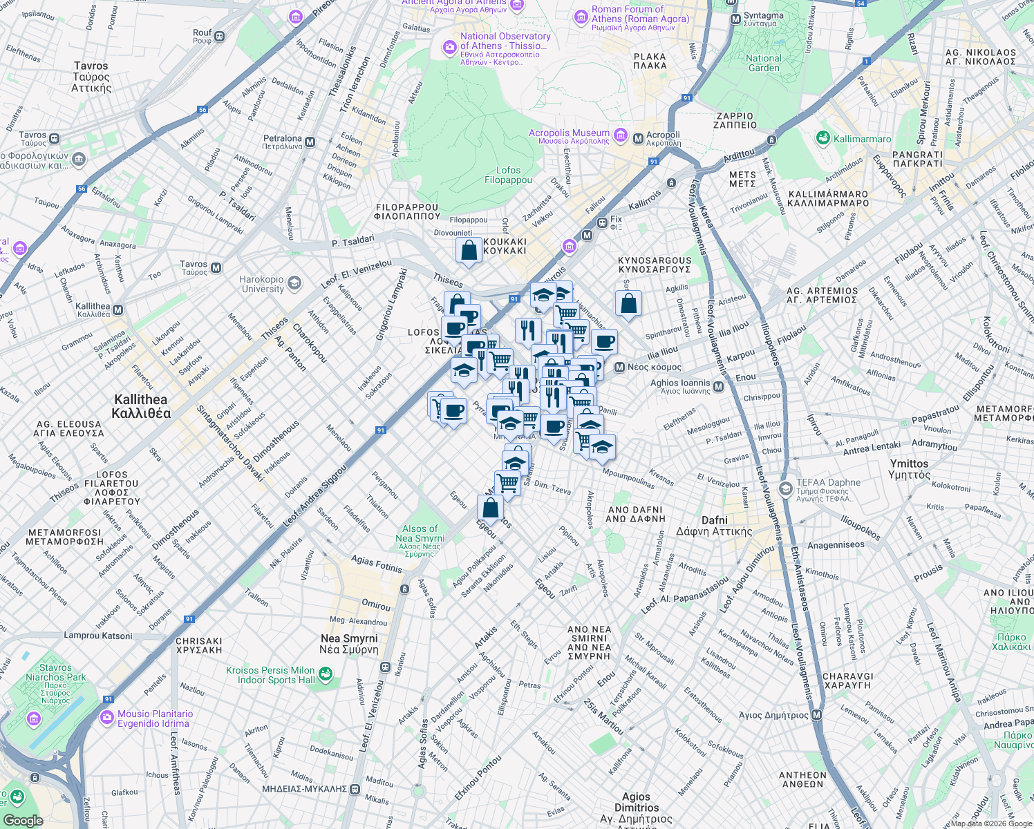 map of restaurants, bars, coffee shops, grocery stores, and more near in Athens