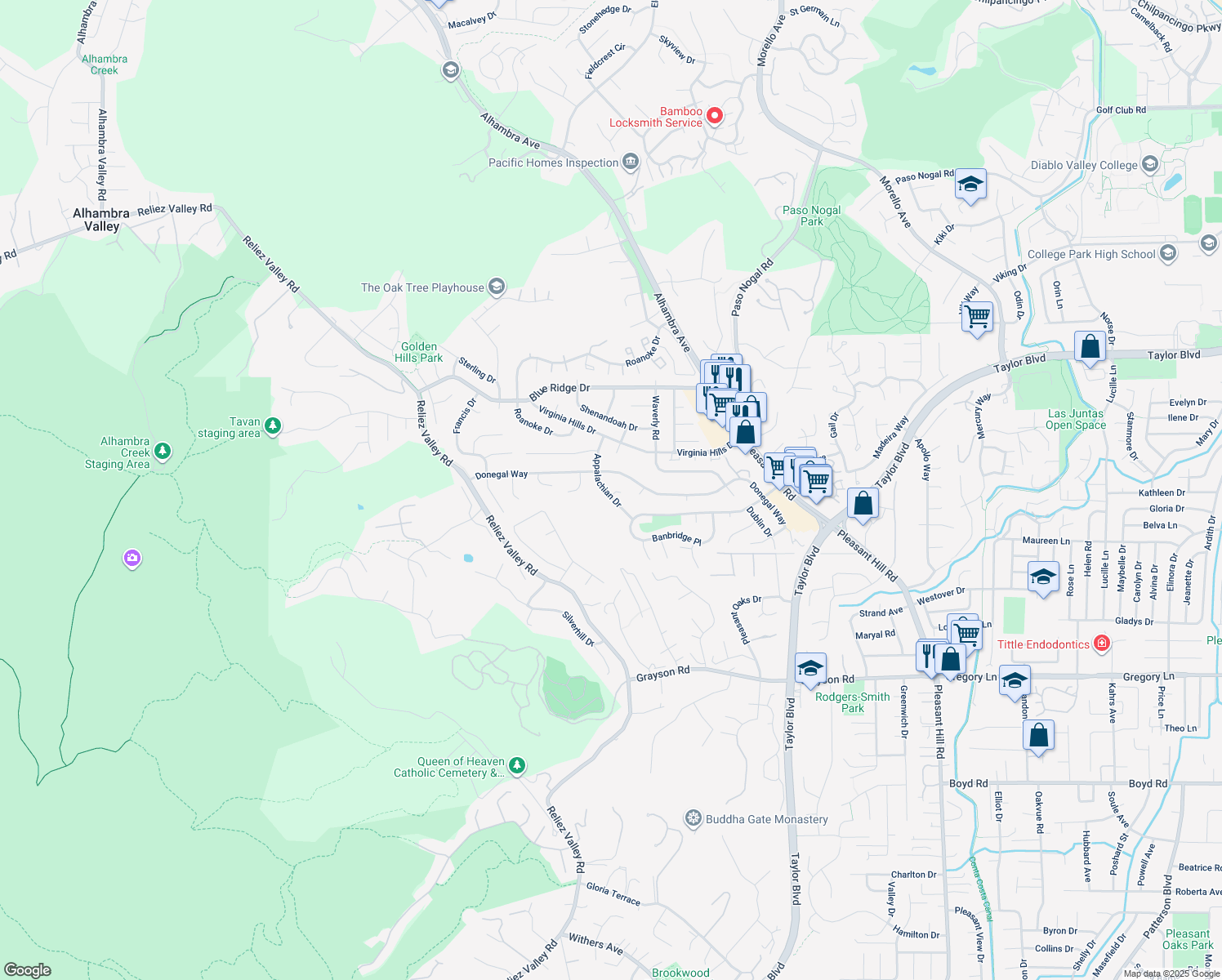 map of restaurants, bars, coffee shops, grocery stores, and more near 235 Appalachian Drive in Martinez