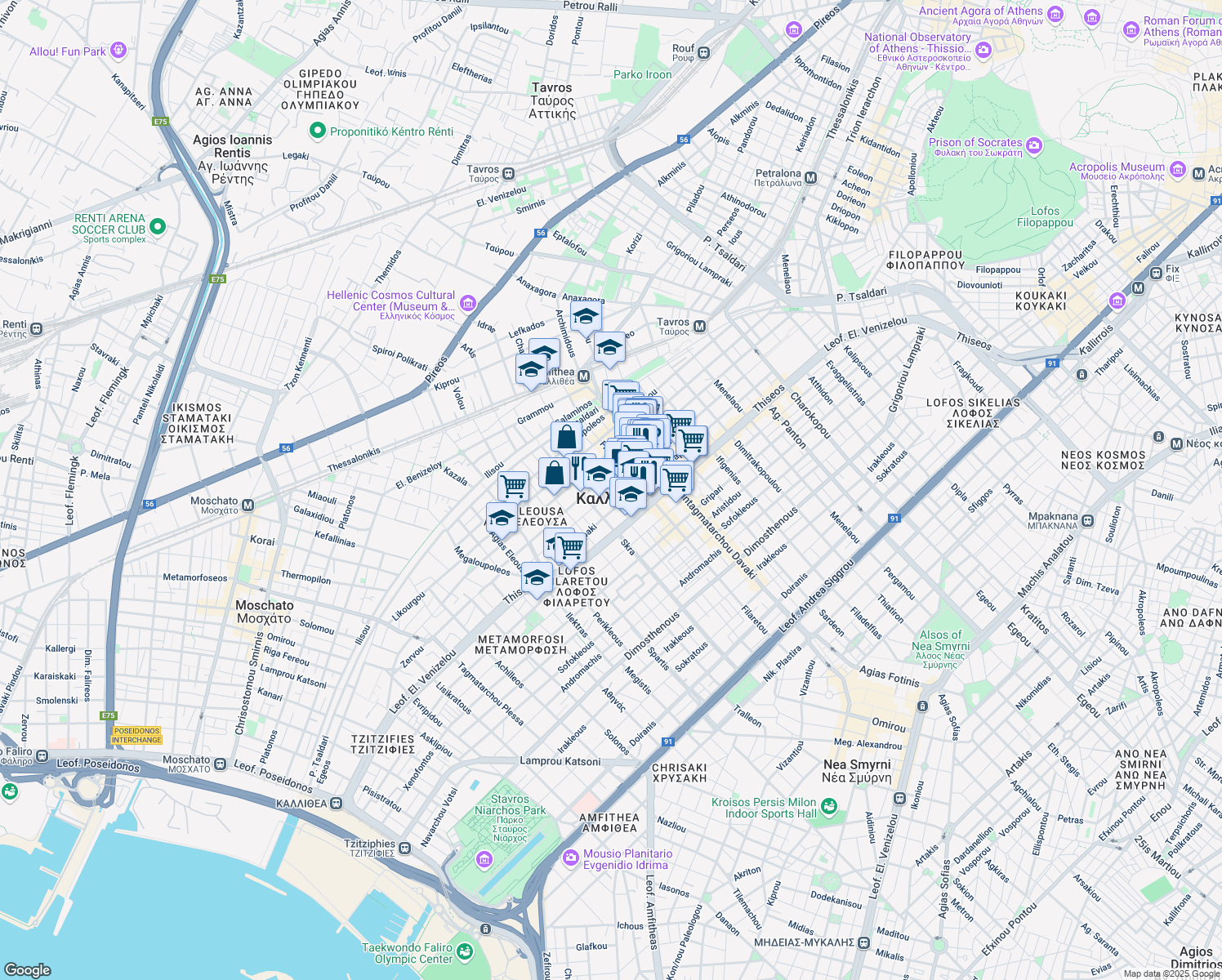 map of restaurants, bars, coffee shops, grocery stores, and more near in Kallithea