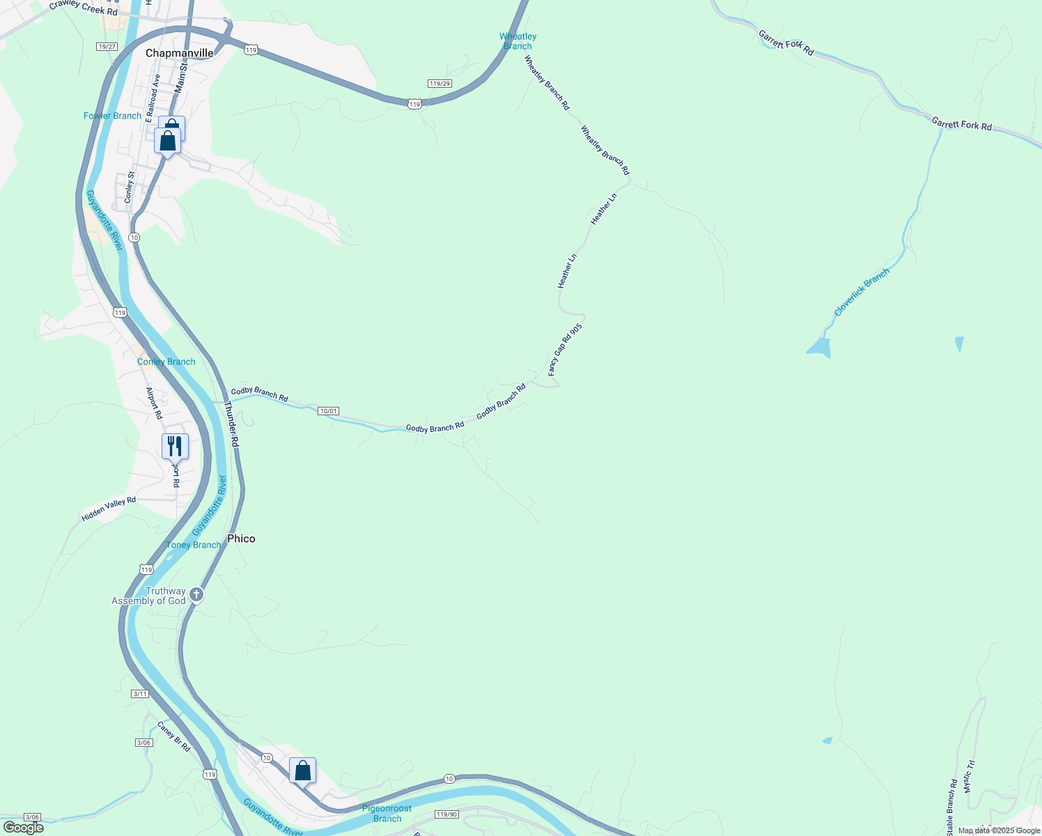 map of restaurants, bars, coffee shops, grocery stores, and more near 48 Park Ridge Drive in Chapmanville
