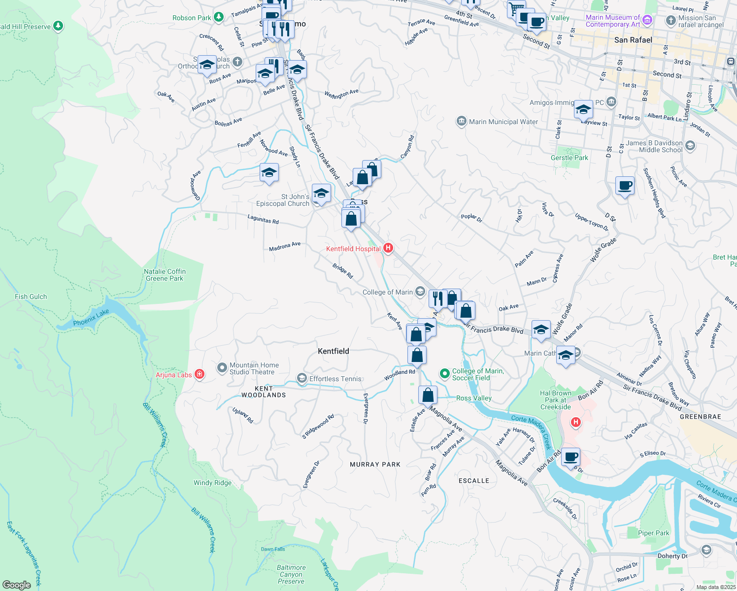 map of restaurants, bars, coffee shops, grocery stores, and more near 9 Bridge Road in Kentfield