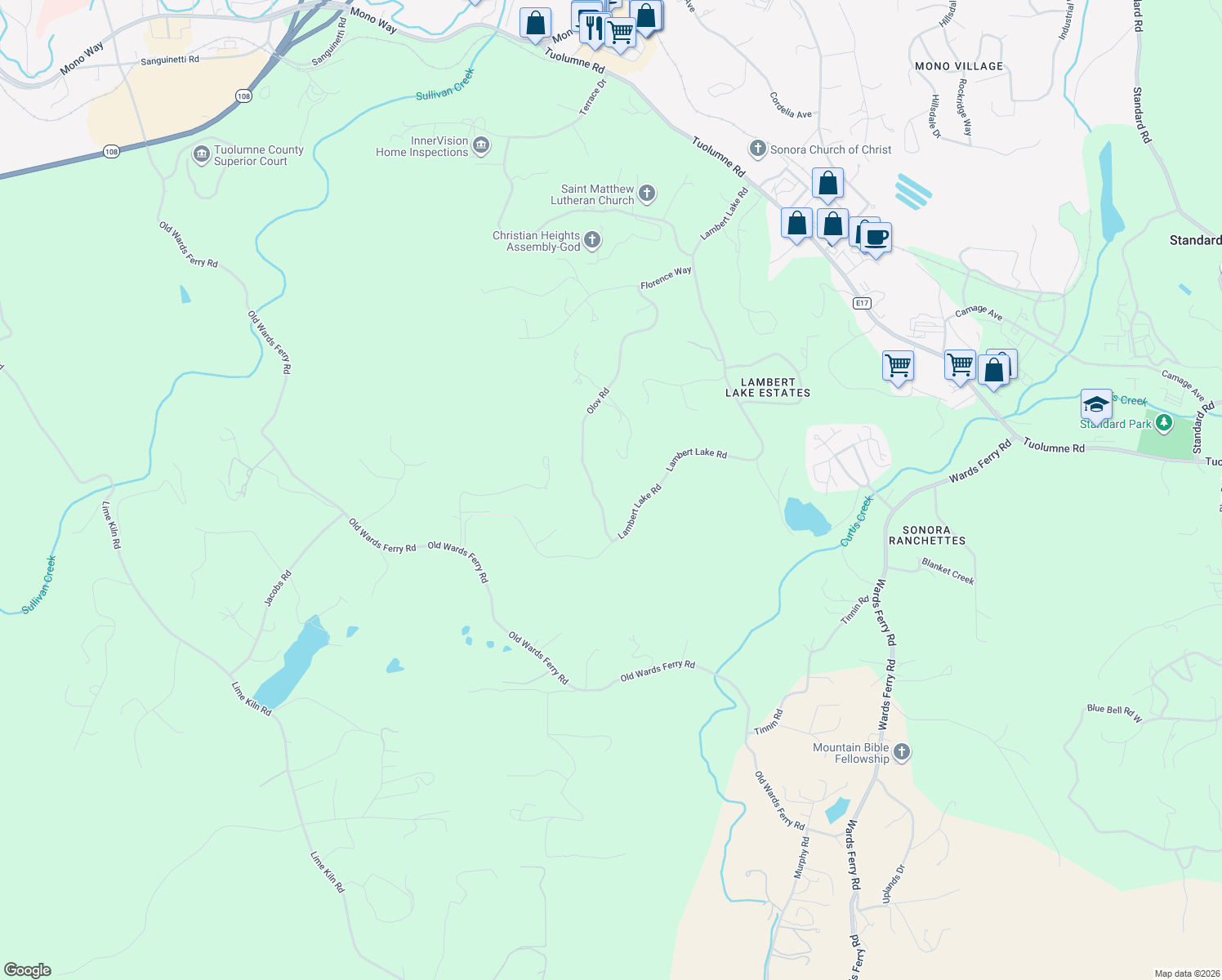map of restaurants, bars, coffee shops, grocery stores, and more near 18284 Lambert Lake Rd in Sonora
