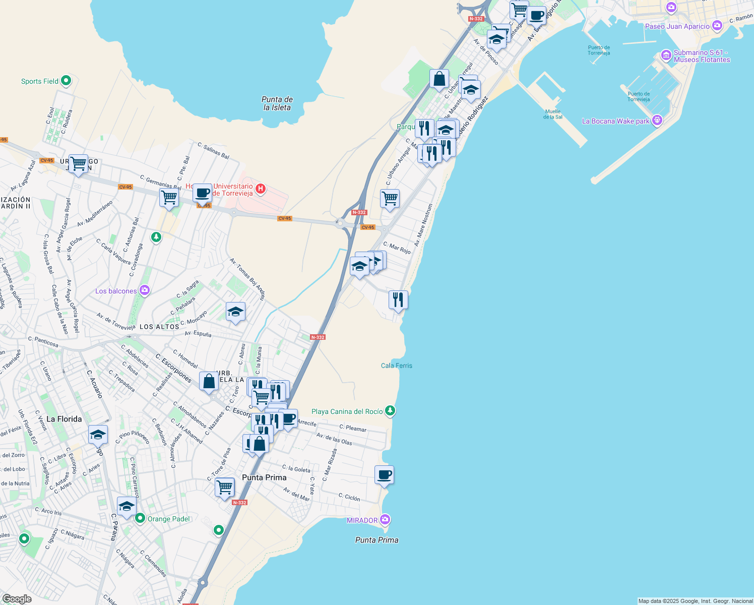 map of restaurants, bars, coffee shops, grocery stores, and more near 2 Avenida Don Juan de Austria in Torrevieja