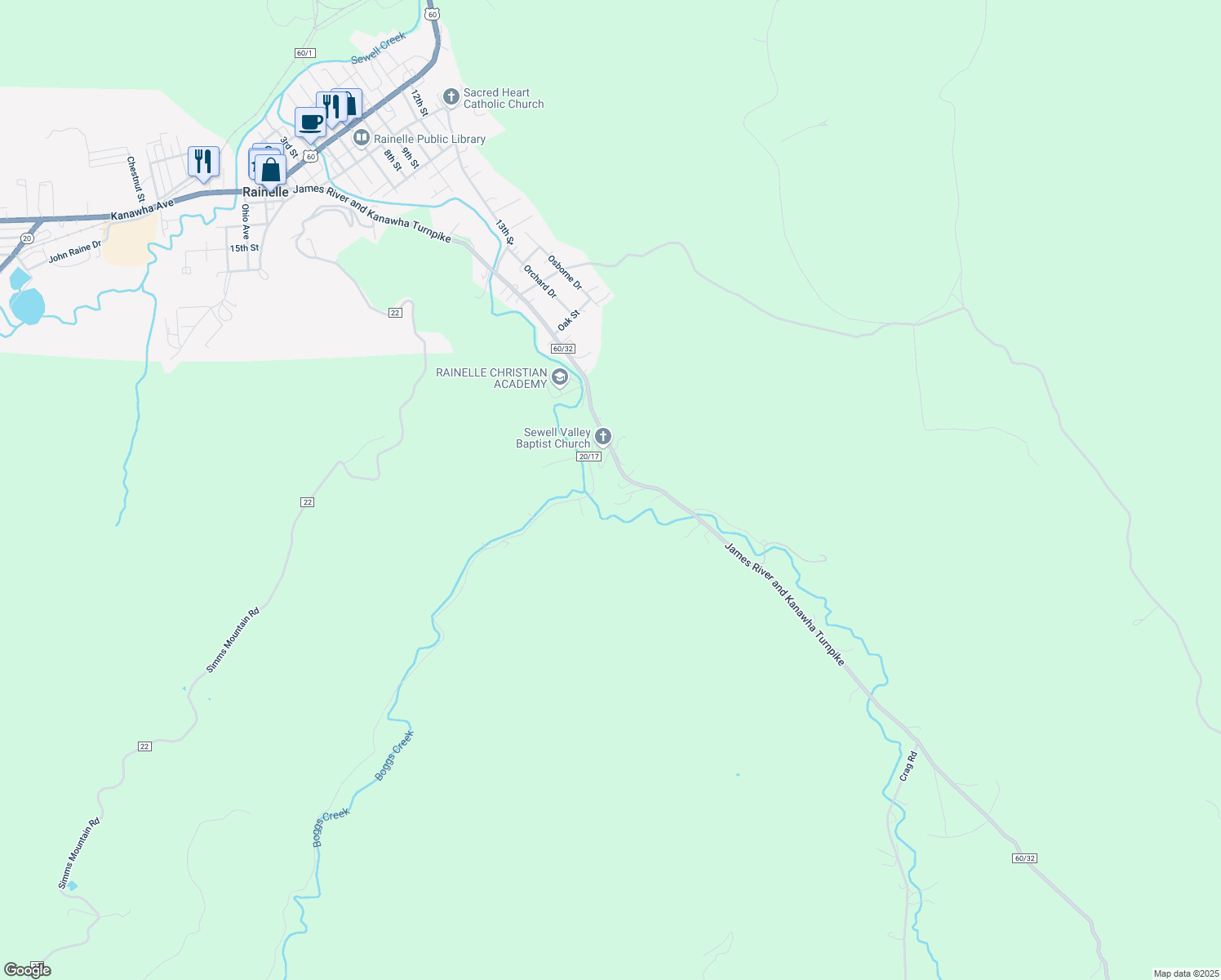 map of restaurants, bars, coffee shops, grocery stores, and more near 289 Boggs Creek Road in Rainelle