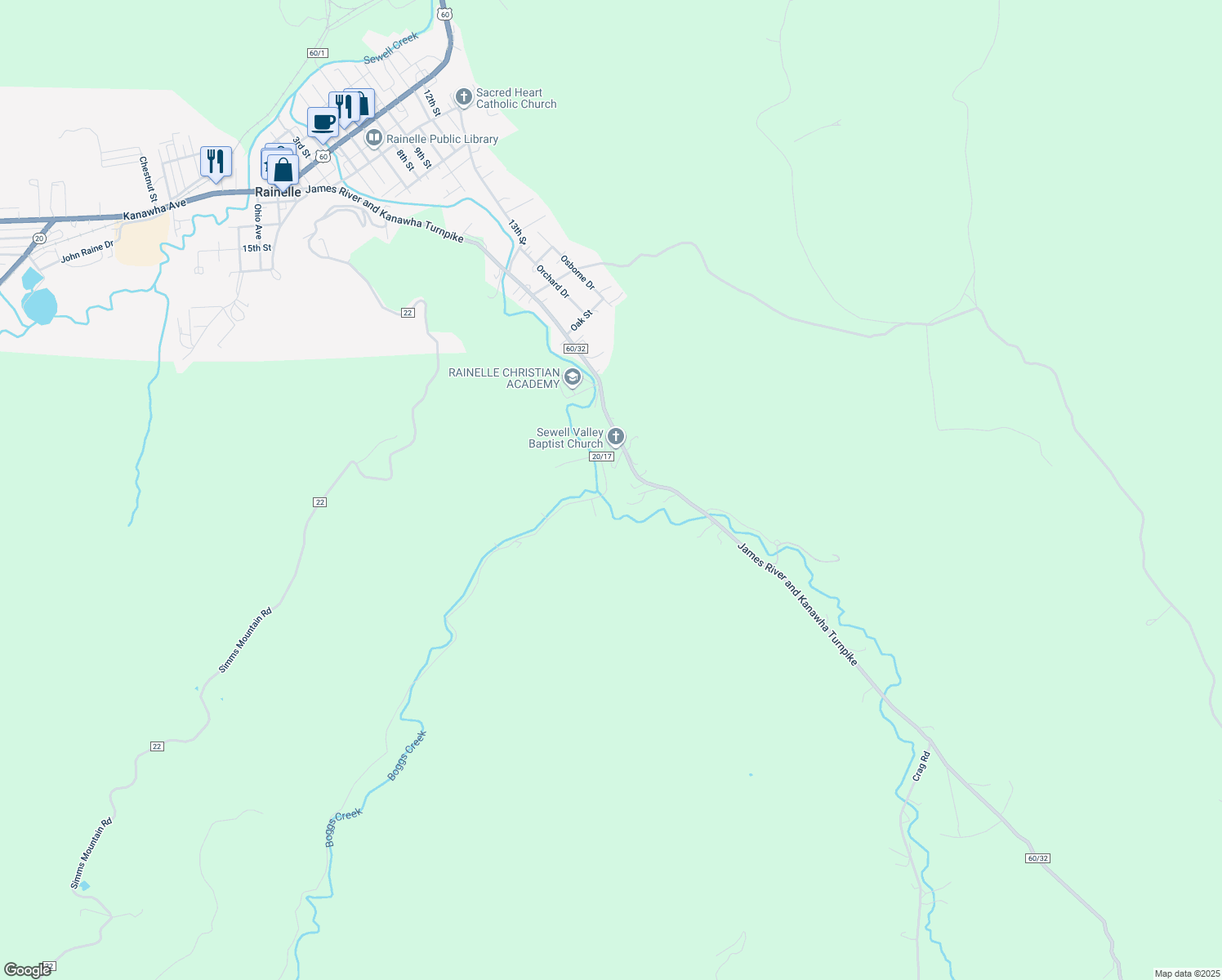map of restaurants, bars, coffee shops, grocery stores, and more near 289 County Route 20/17 in Rainelle