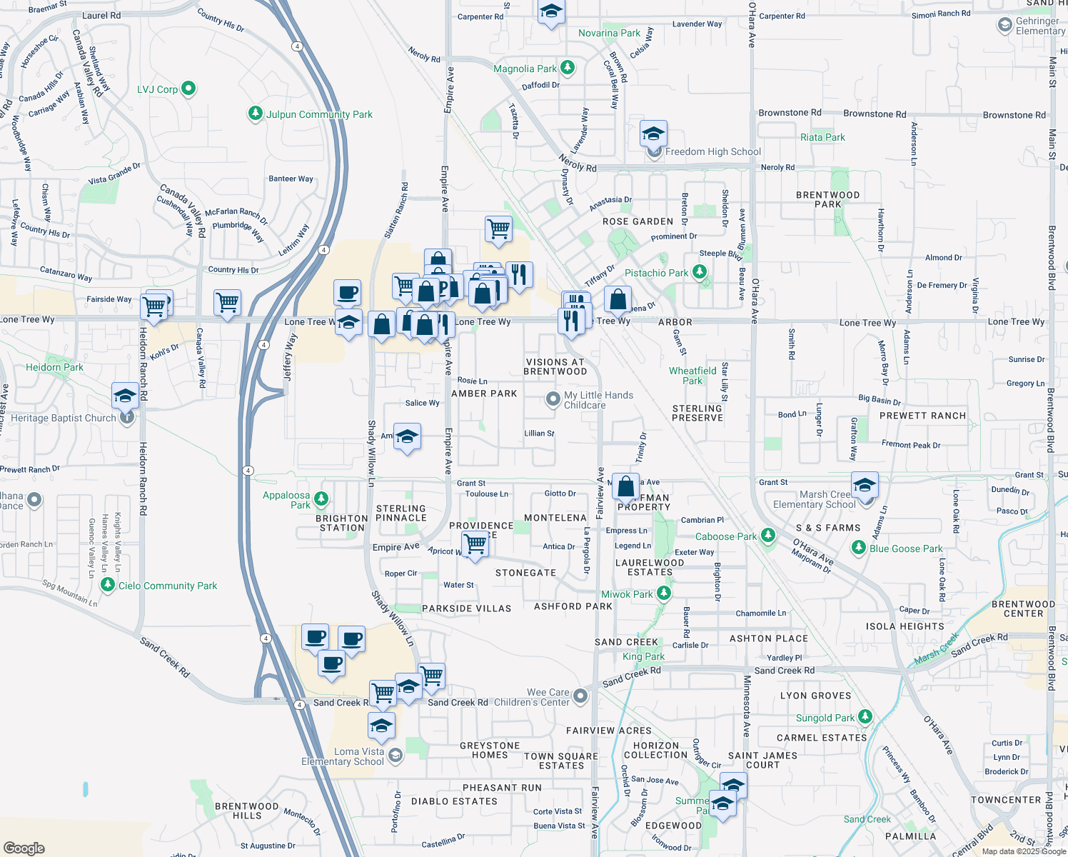 map of restaurants, bars, coffee shops, grocery stores, and more near 1653 Lillian Street in Brentwood