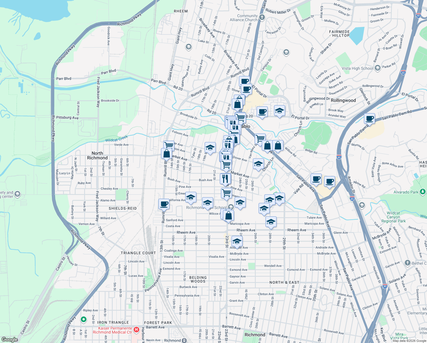 map of restaurants, bars, coffee shops, grocery stores, and more near 2029 Sutter Avenue in San Pablo