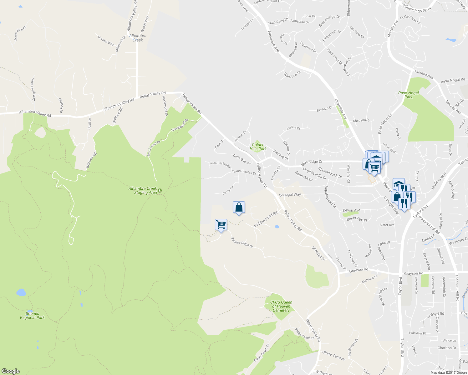 map of restaurants, bars, coffee shops, grocery stores, and more near 916 Calle Verde in Martinez